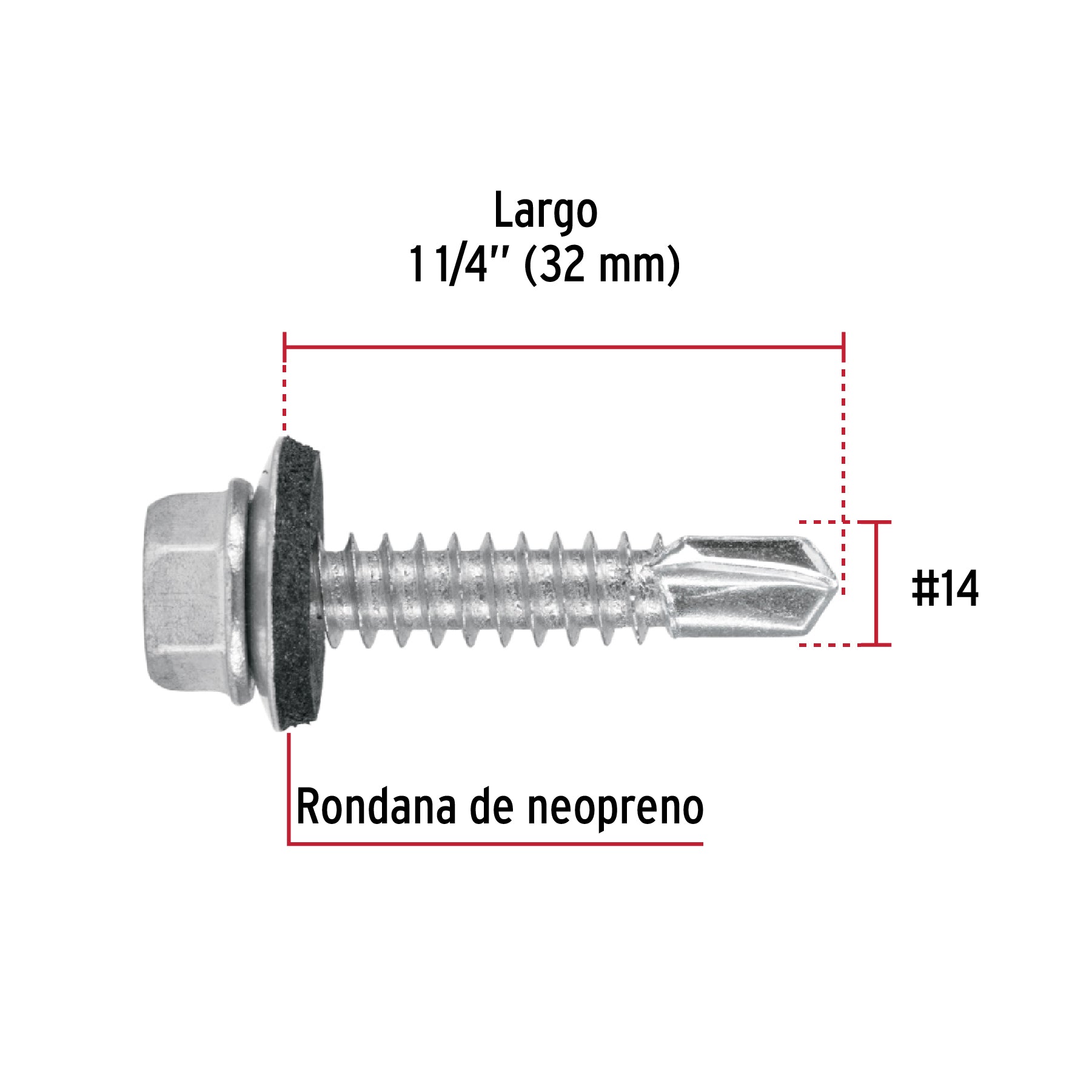 Blíster 8 pijas #14x1-1/4" hexagonal punta broca con rondana
