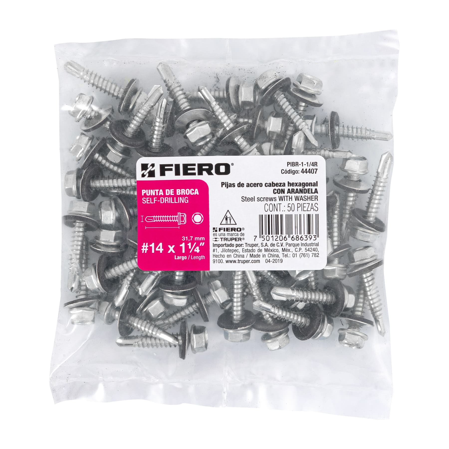 50 pijas #14 x 1-1/4" hexagonal, punta broca con rondana