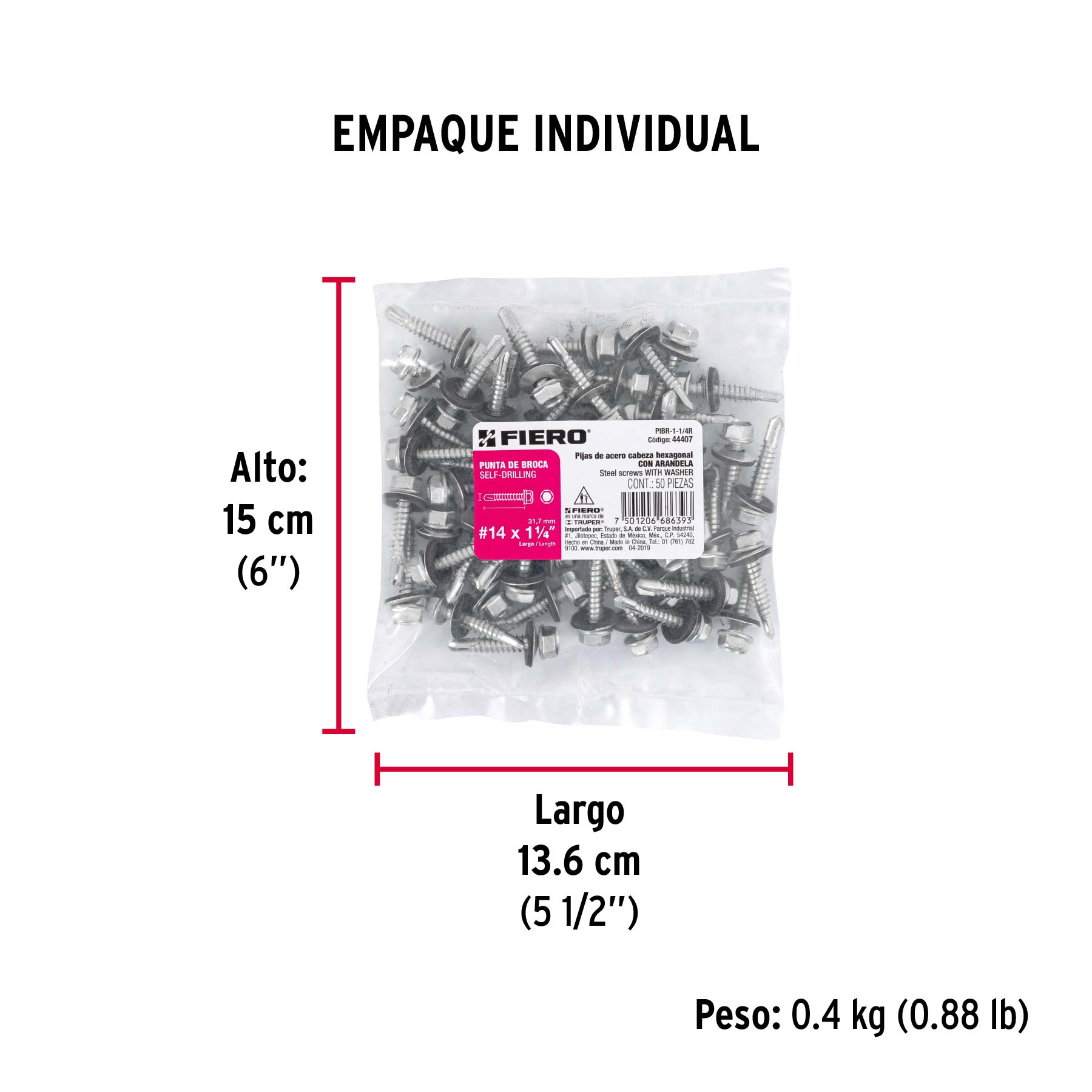 50 pijas #14 x 1-1/4" hexagonal, punta broca con rondana - Empaque
