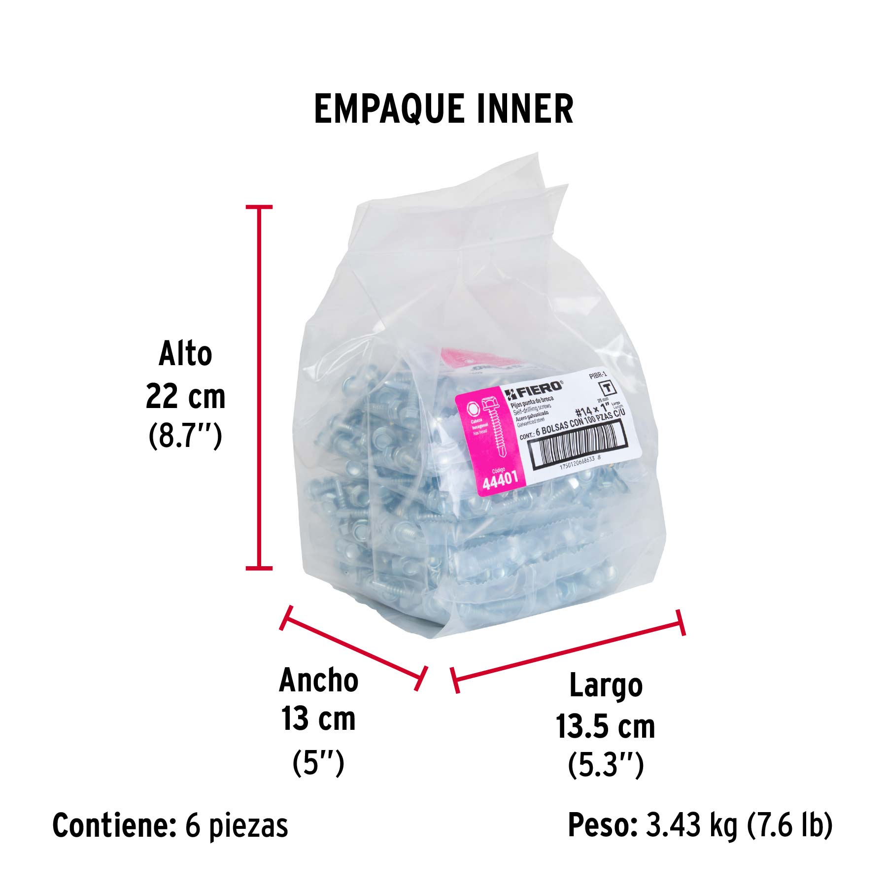Bolsa 100 pijas #14 x 1" cabeza hexagonal, punta de broca - Empaque