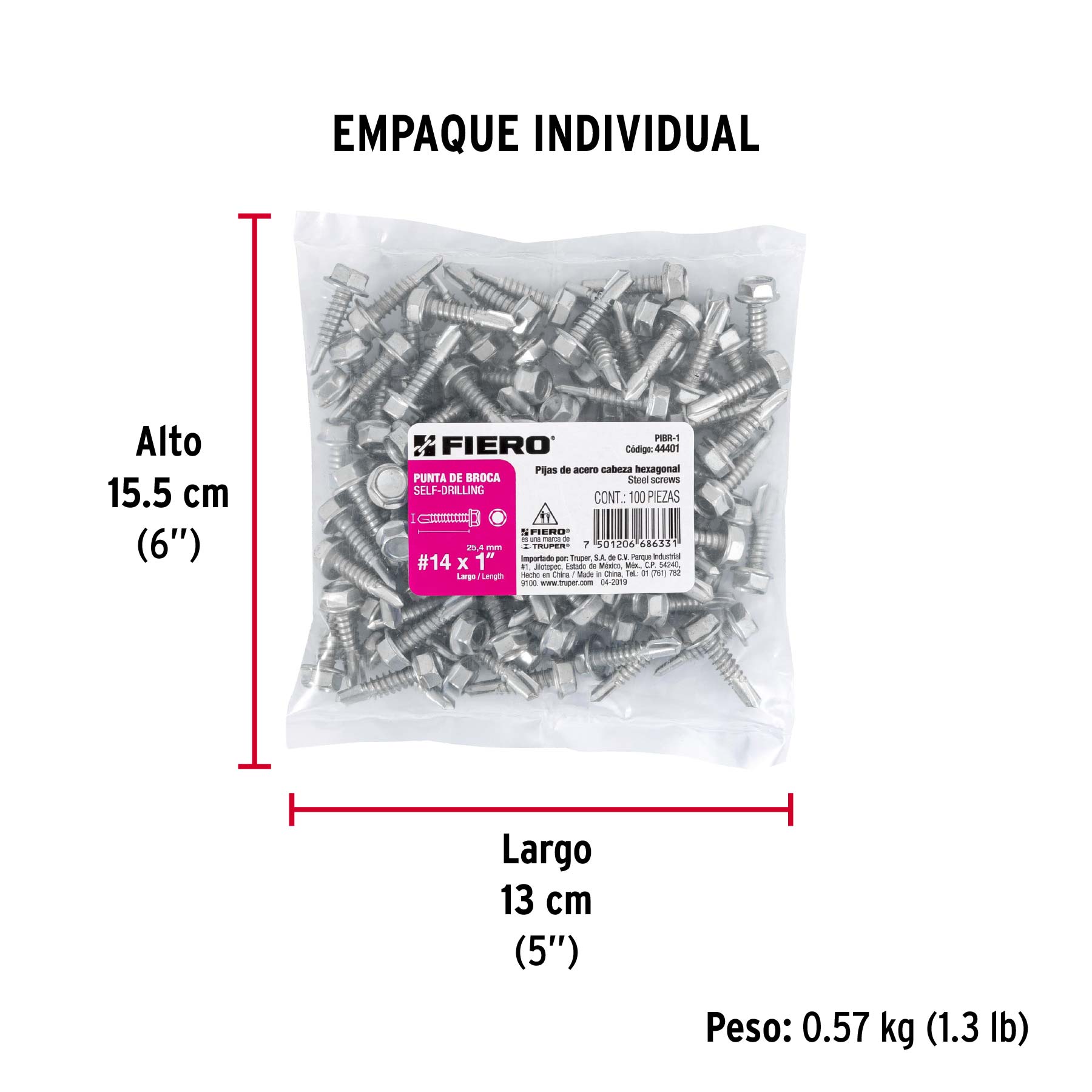 Bolsa 100 pijas #14 x 1" cabeza hexagonal, punta de broca - Empaque