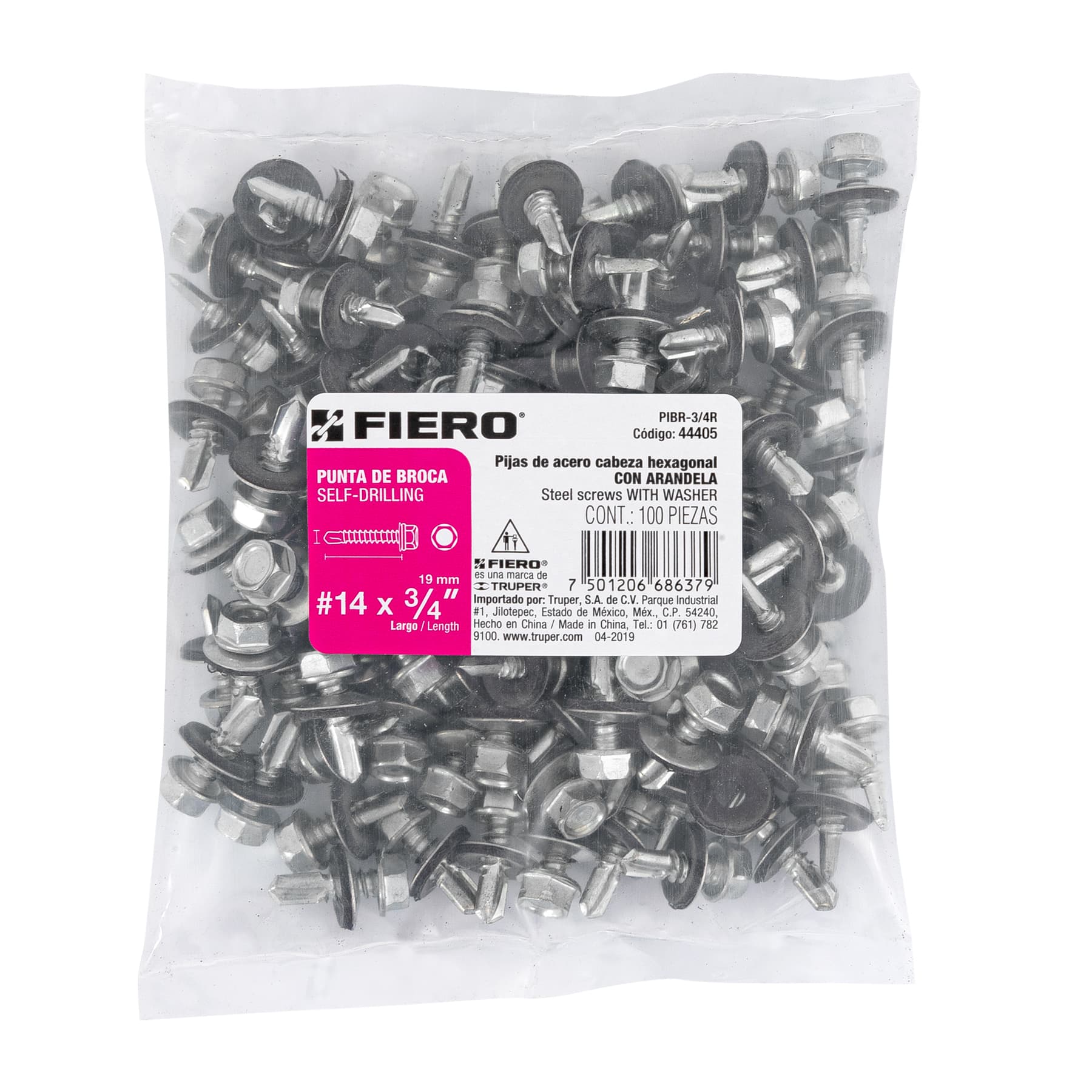 100 pijas #14 x 3/4" hexagonal, punta broca con rondana