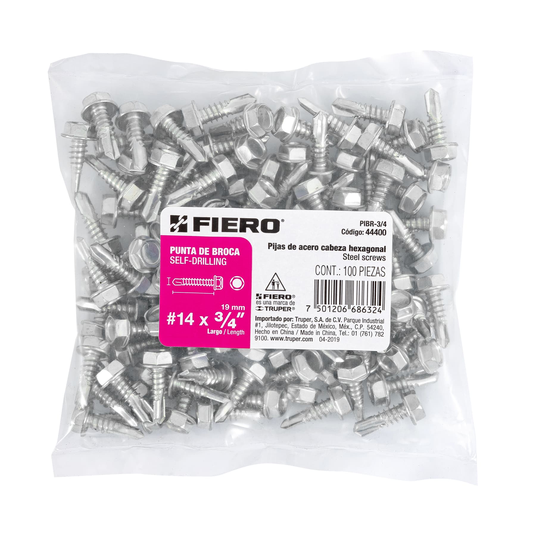 Bolsa 100 pijas #14 x 3/4" cabeza hexagonal, punta de broca