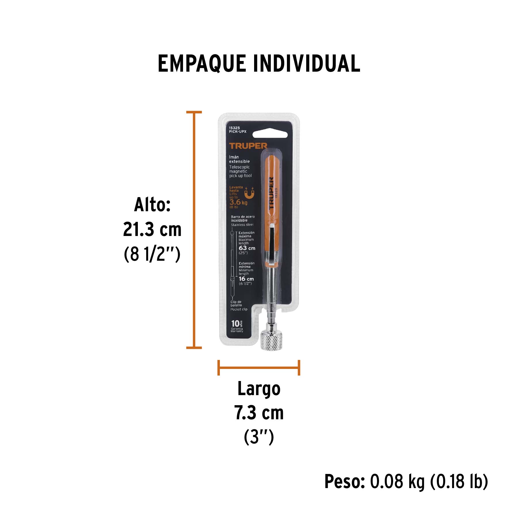 Imán extensible de acero inoxidable, 3.6 kg, TRUPER - Empaque