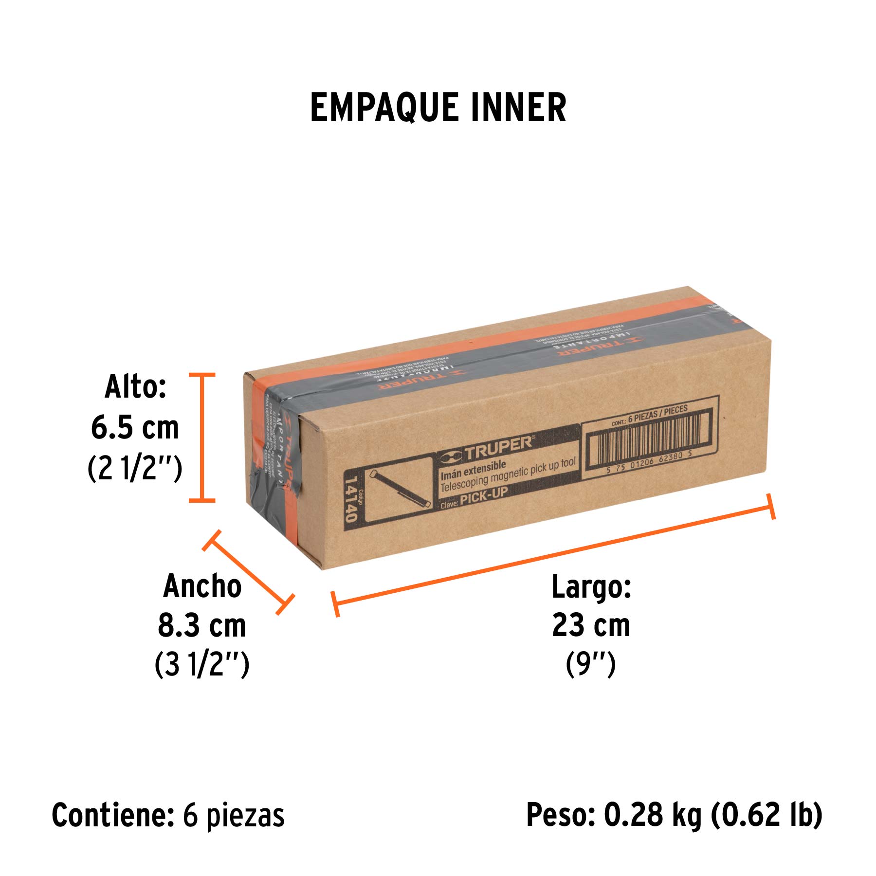 Imán extensible de acero inoxidable, 1.5 kg, TRUPER - Empaque