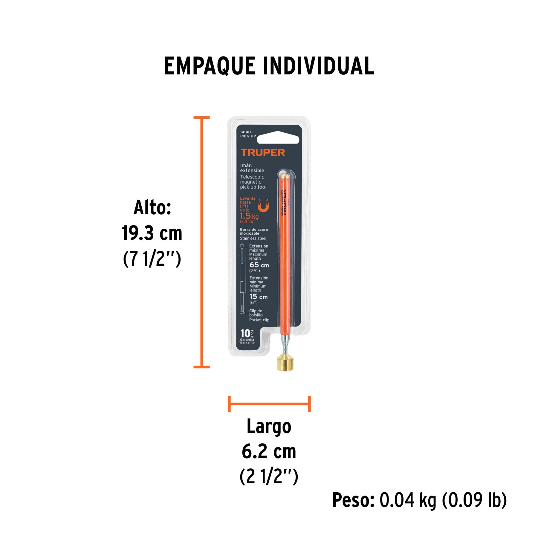 Imán extensible de acero inoxidable, 1.5 kg, TRUPER - Empaque