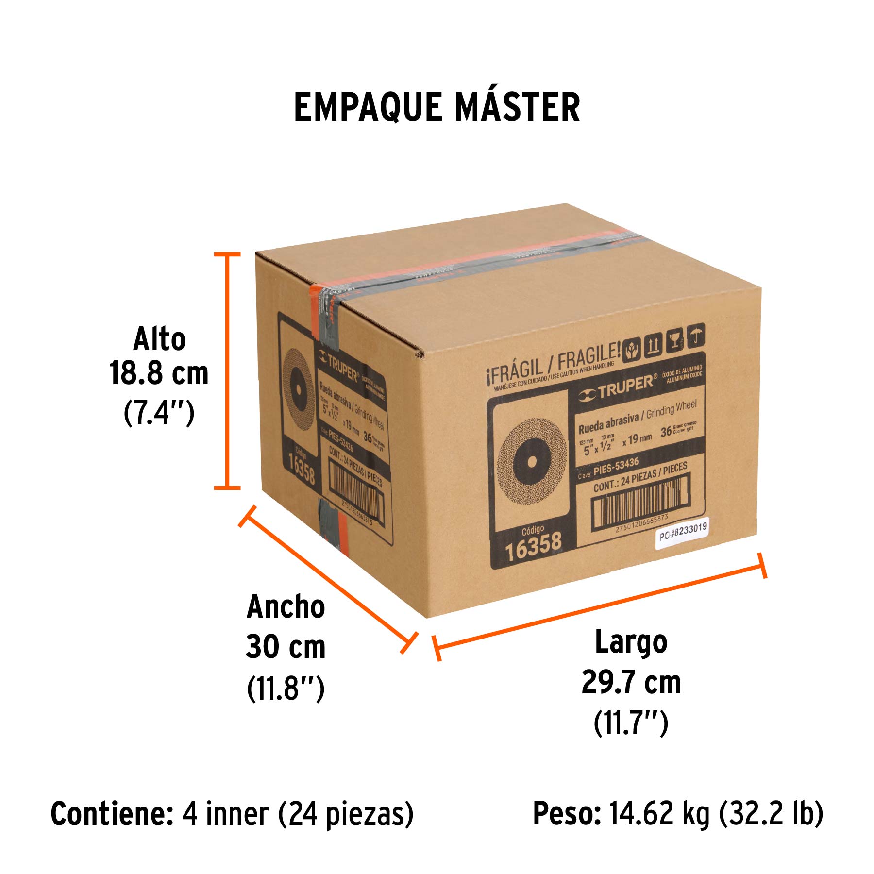 Rueda abrasiva p/esmeril 5"x19mm, óxido aluminio, grano 36 - Empaque