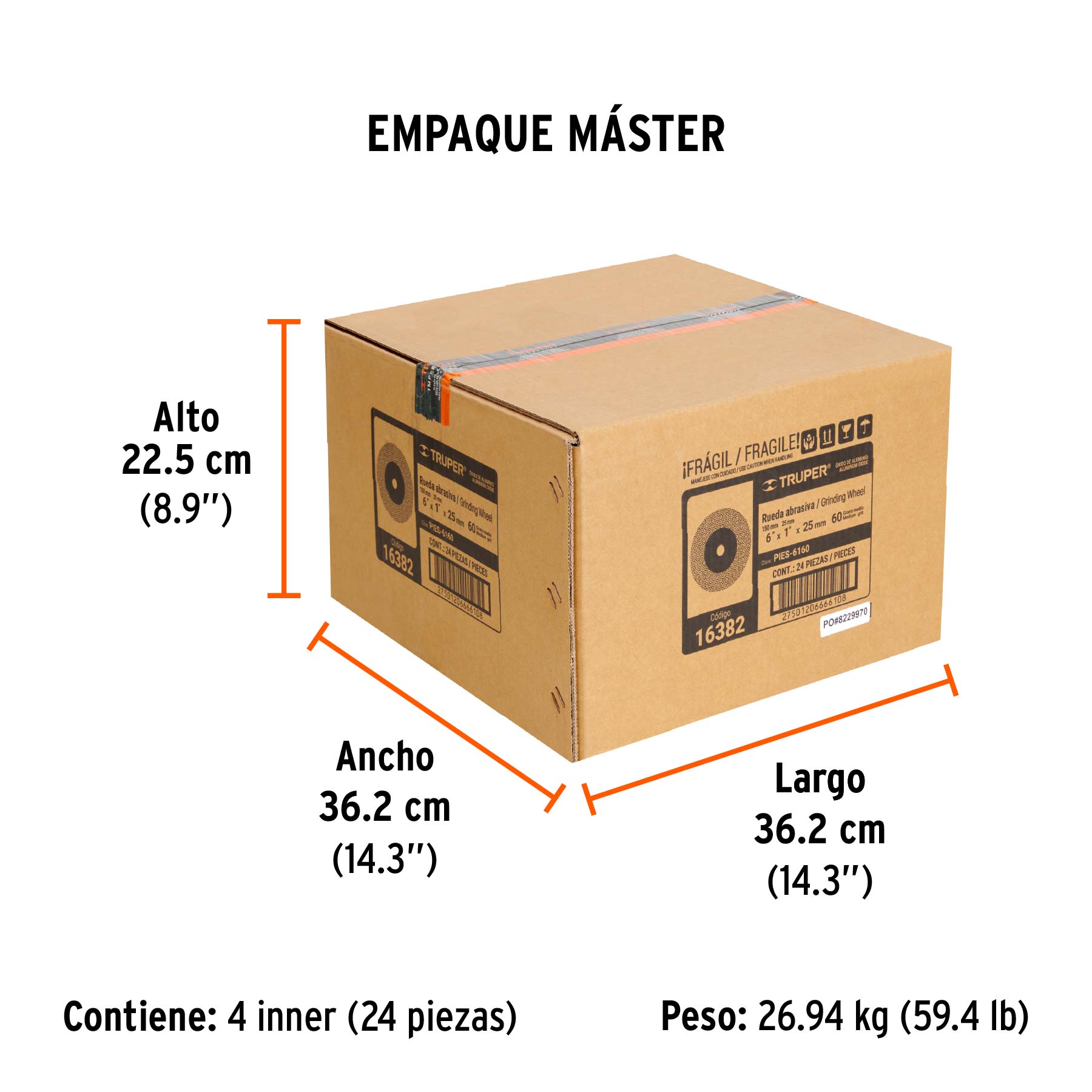 Rueda abrasiva p/esmeril 6"x25mm, óxido aluminio, grano 60 - Empaque