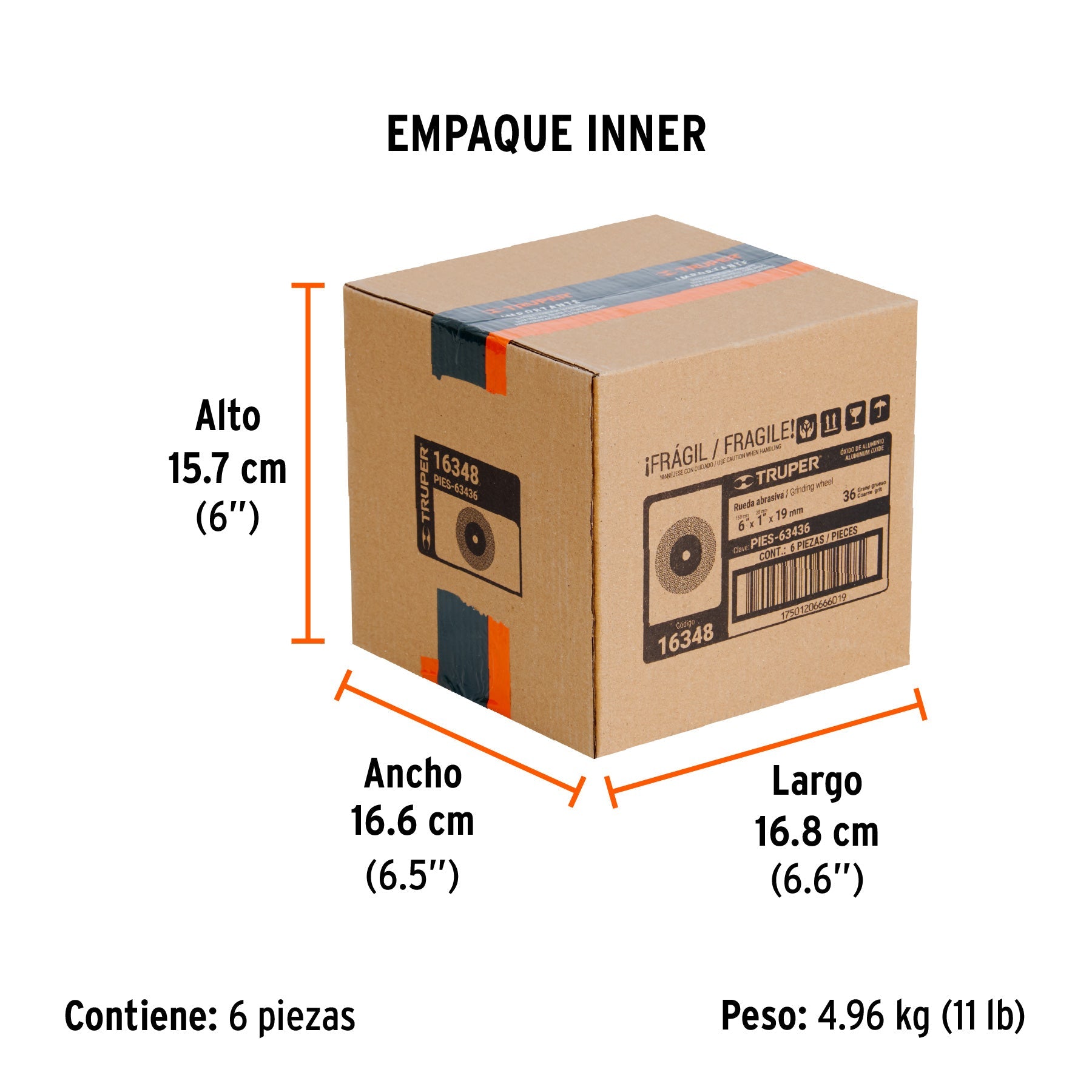 Rueda abrasiva p/esmeril 6"x19mm, óxido aluminio, grano 36 - Empaque