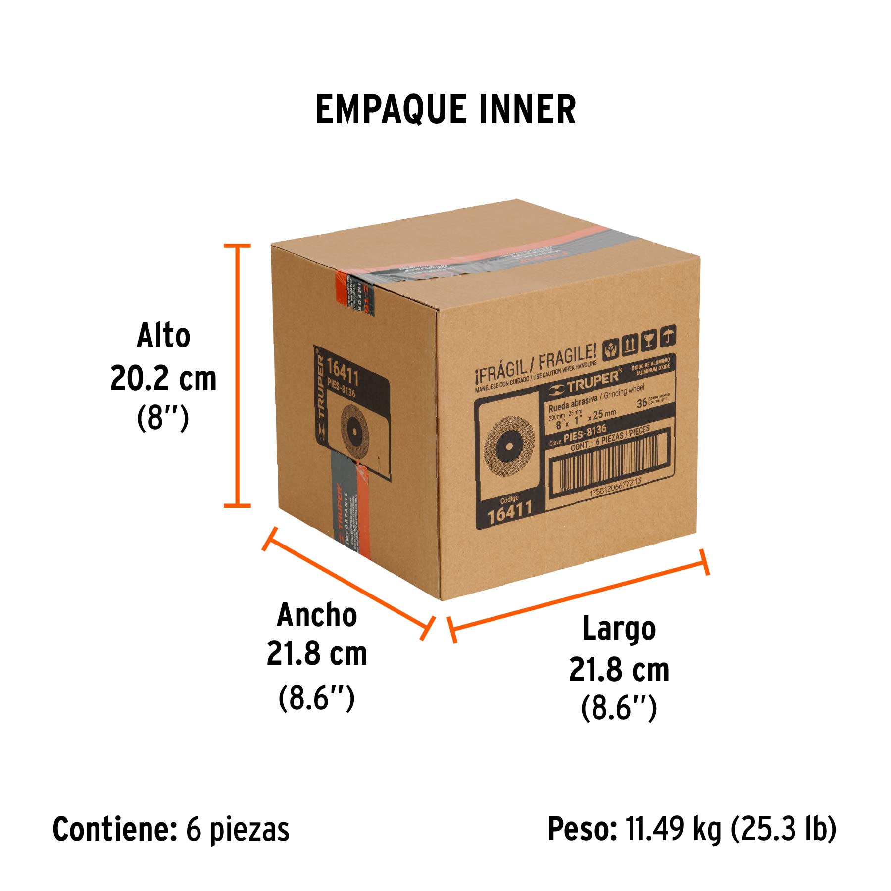 Rueda abrasiva p/esmeril 8"x25mm, óxido aluminio, grano 36 - Empaque
