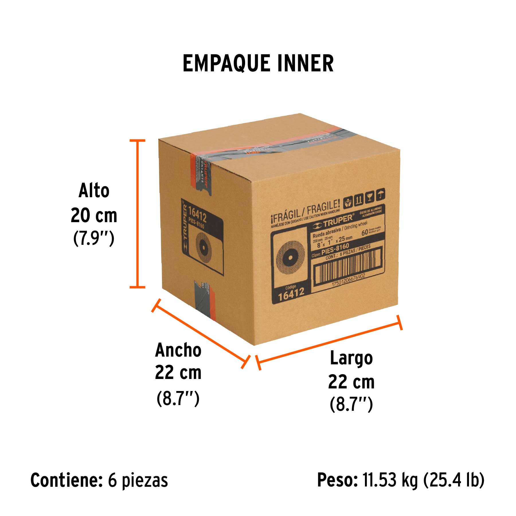 Rueda abrasiva p/esmeril 8"x25mm, óxido aluminio, grano 60 - Empaque