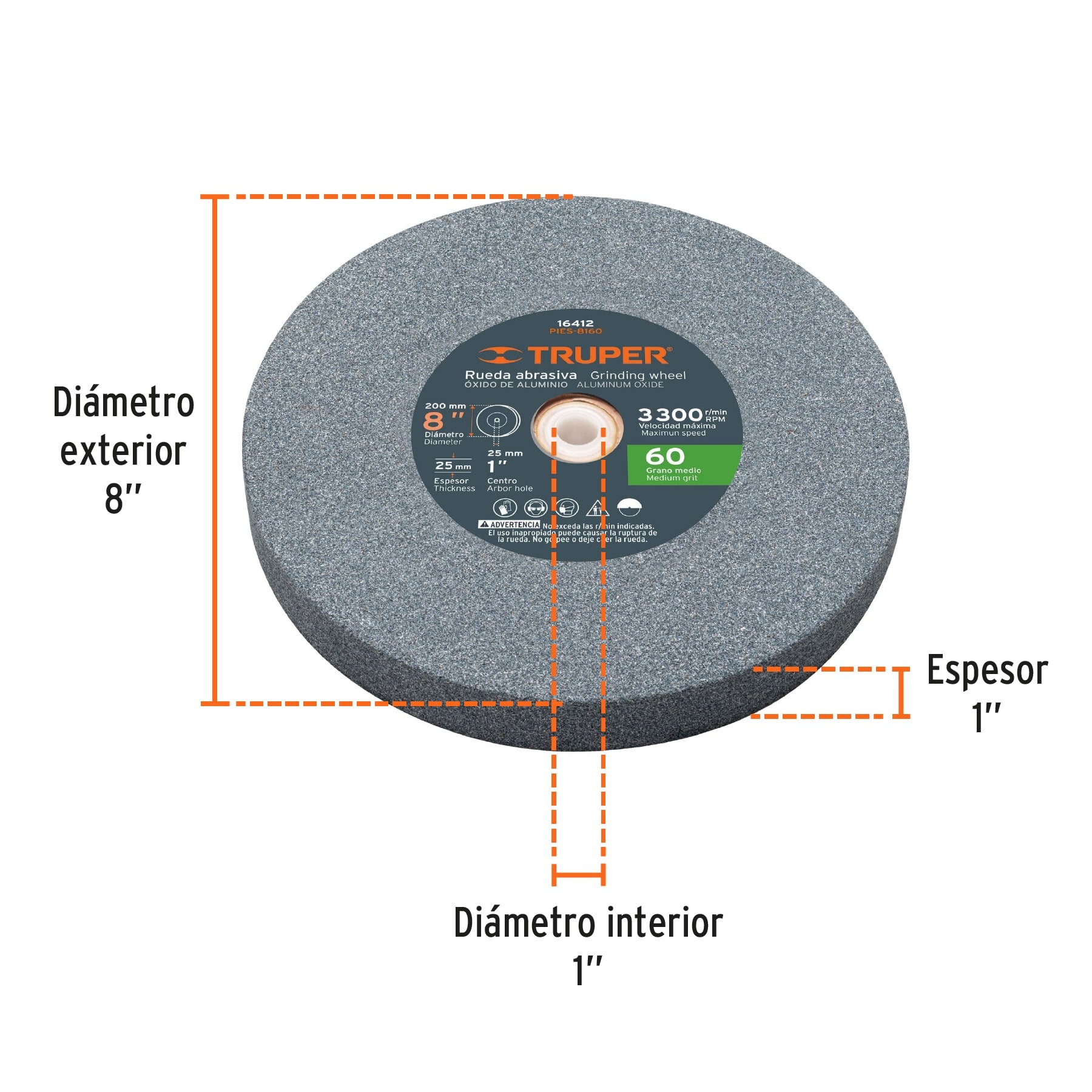 Rueda abrasiva p/esmeril 8"x25mm, óxido aluminio, grano 60