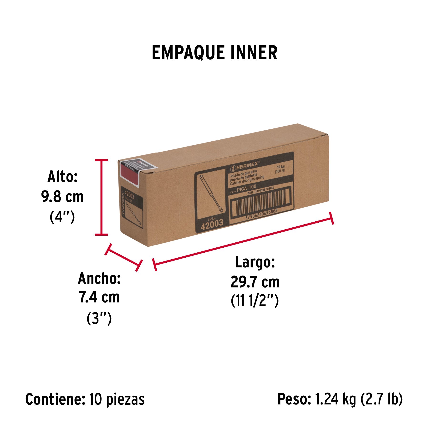 Pistón a gas con capacidad de 100 N / 10 kg, HERMEX - Empaque