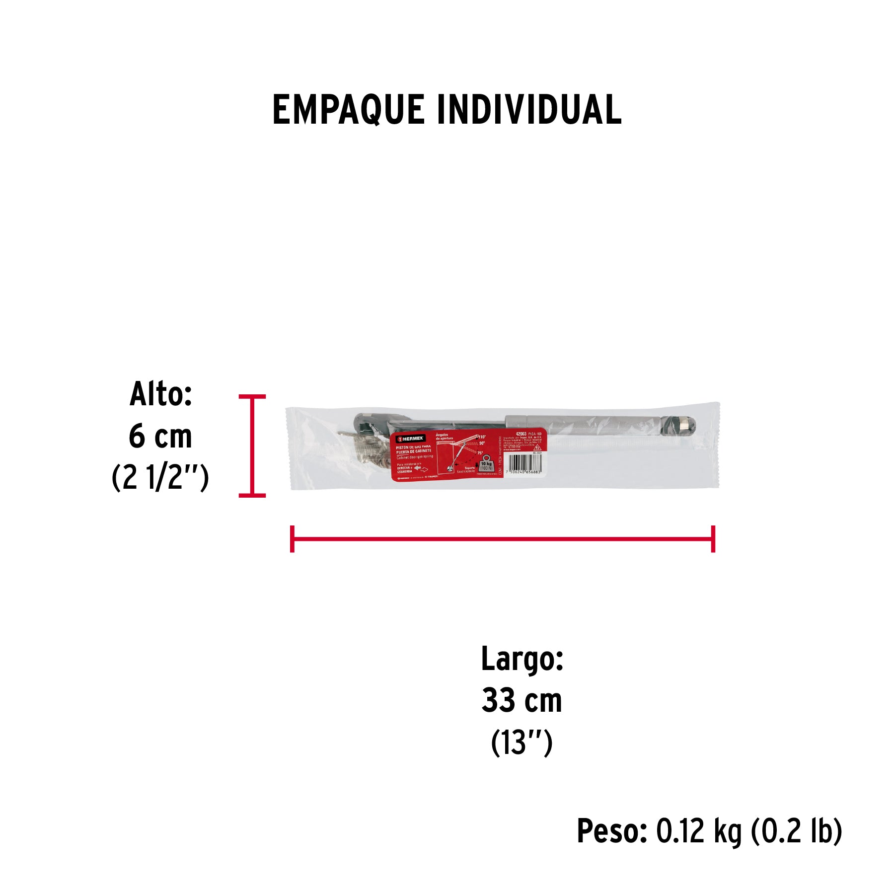 Pistón a gas con capacidad de 100 N / 10 kg, HERMEX - Empaque