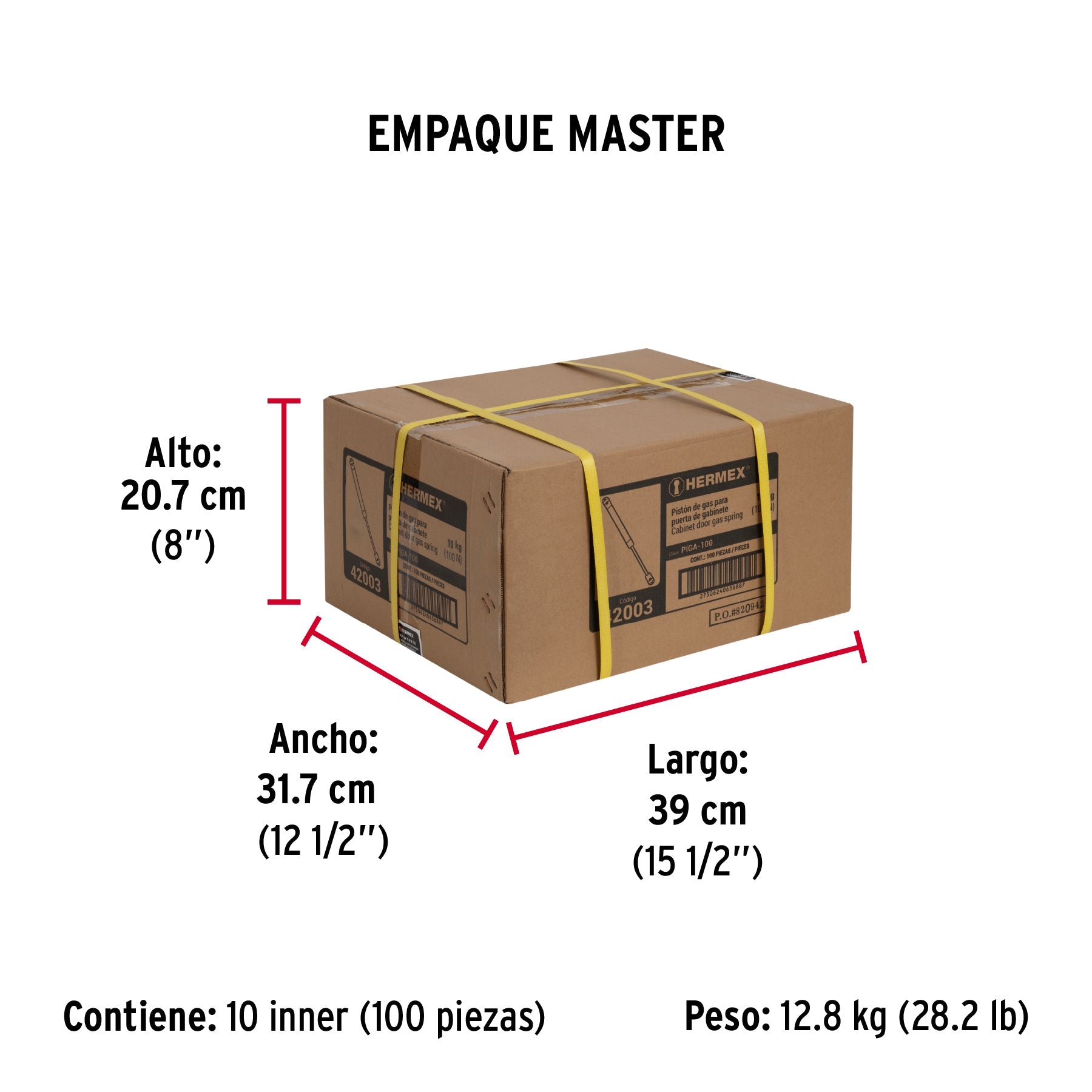 Pistón a gas con capacidad de 100 N / 10 kg, HERMEX - Empaque