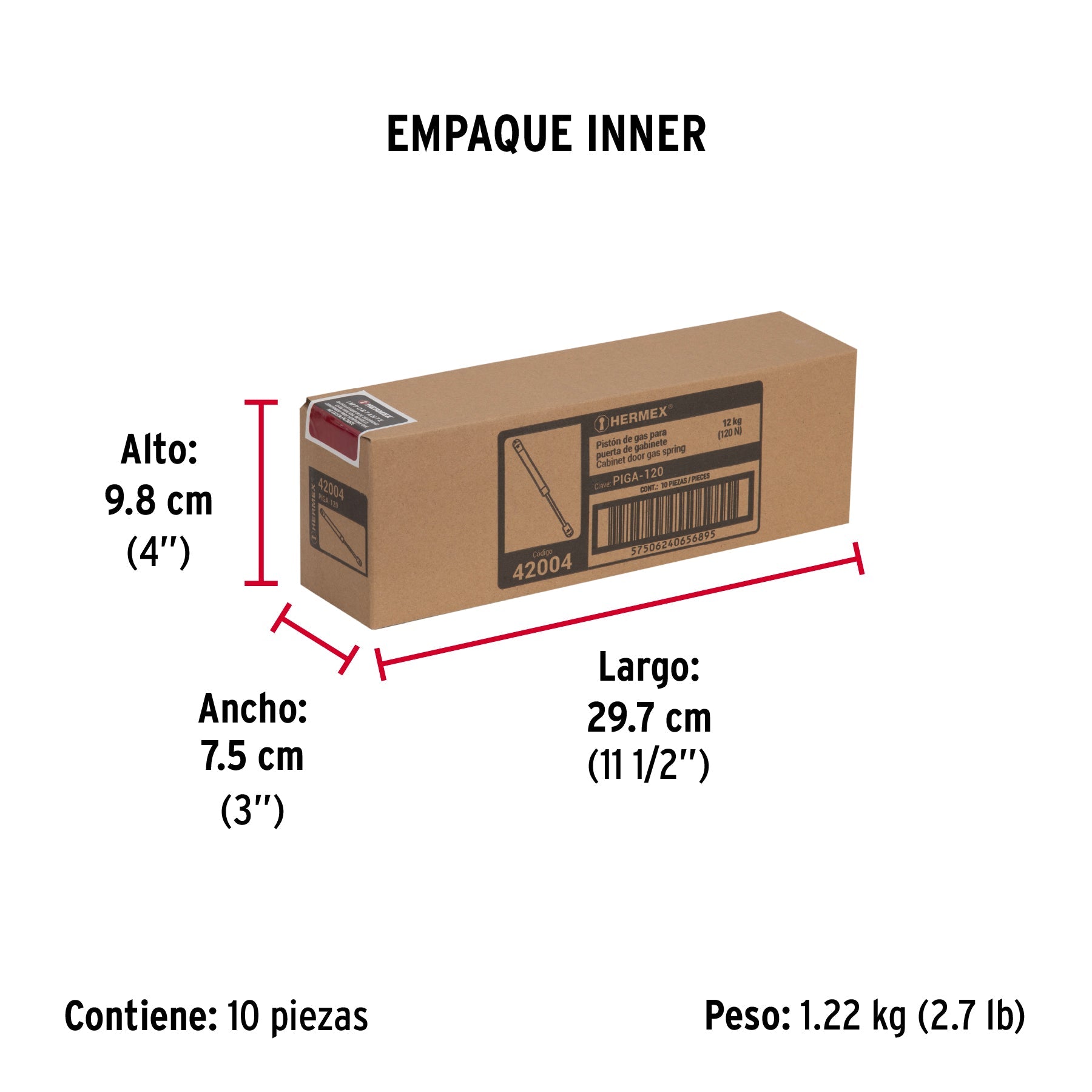 Pistón a gas con capacidad de 120 N / 12 kg, HERMEX - Empaque