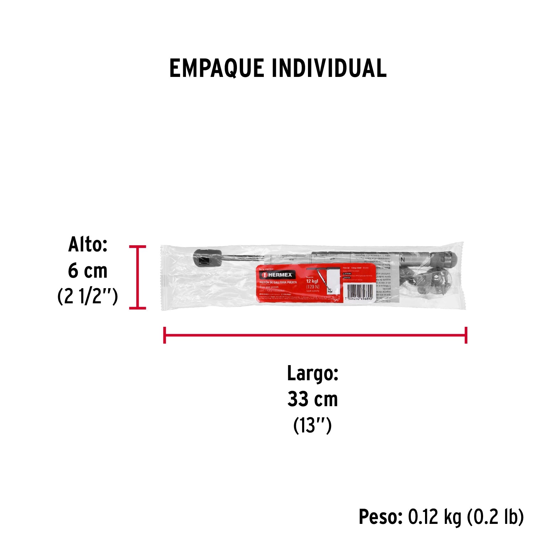 Pistón a gas con capacidad de 120 N / 12 kg, HERMEX - Empaque