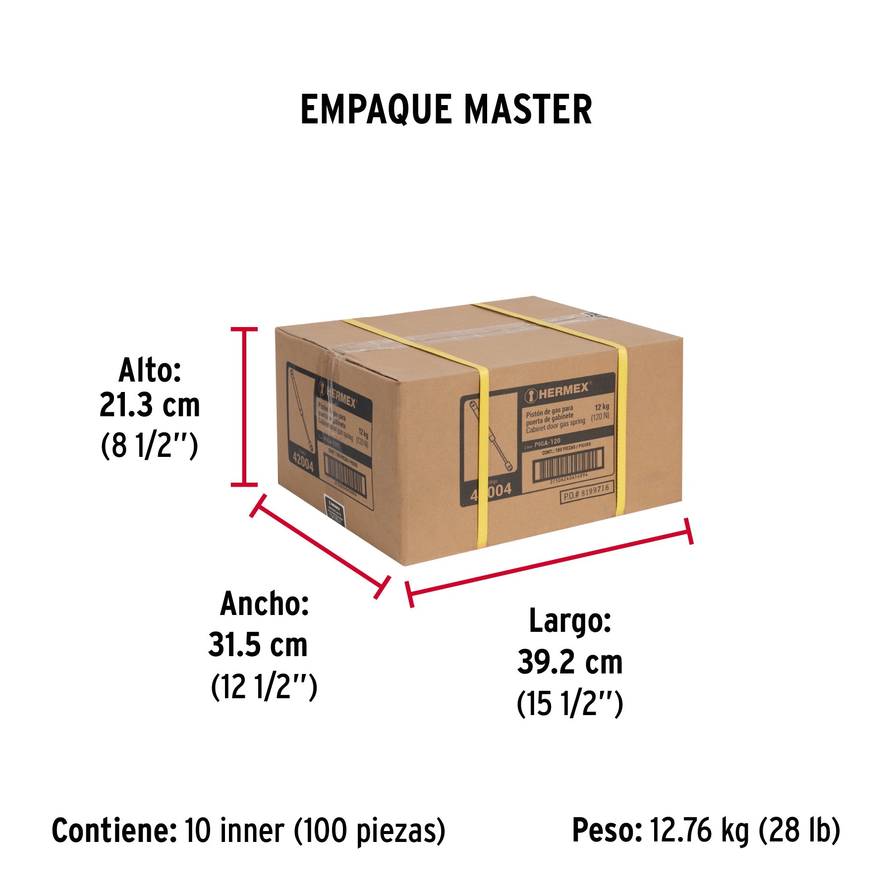 Pistón a gas con capacidad de 120 N / 12 kg, HERMEX - Empaque