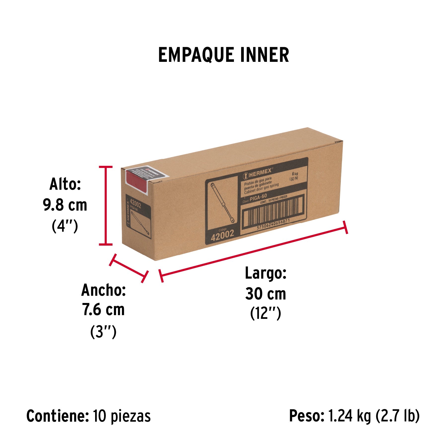 Pistón a gas con capacidad de 60 N / 6 kg, HERMEX - Empaque