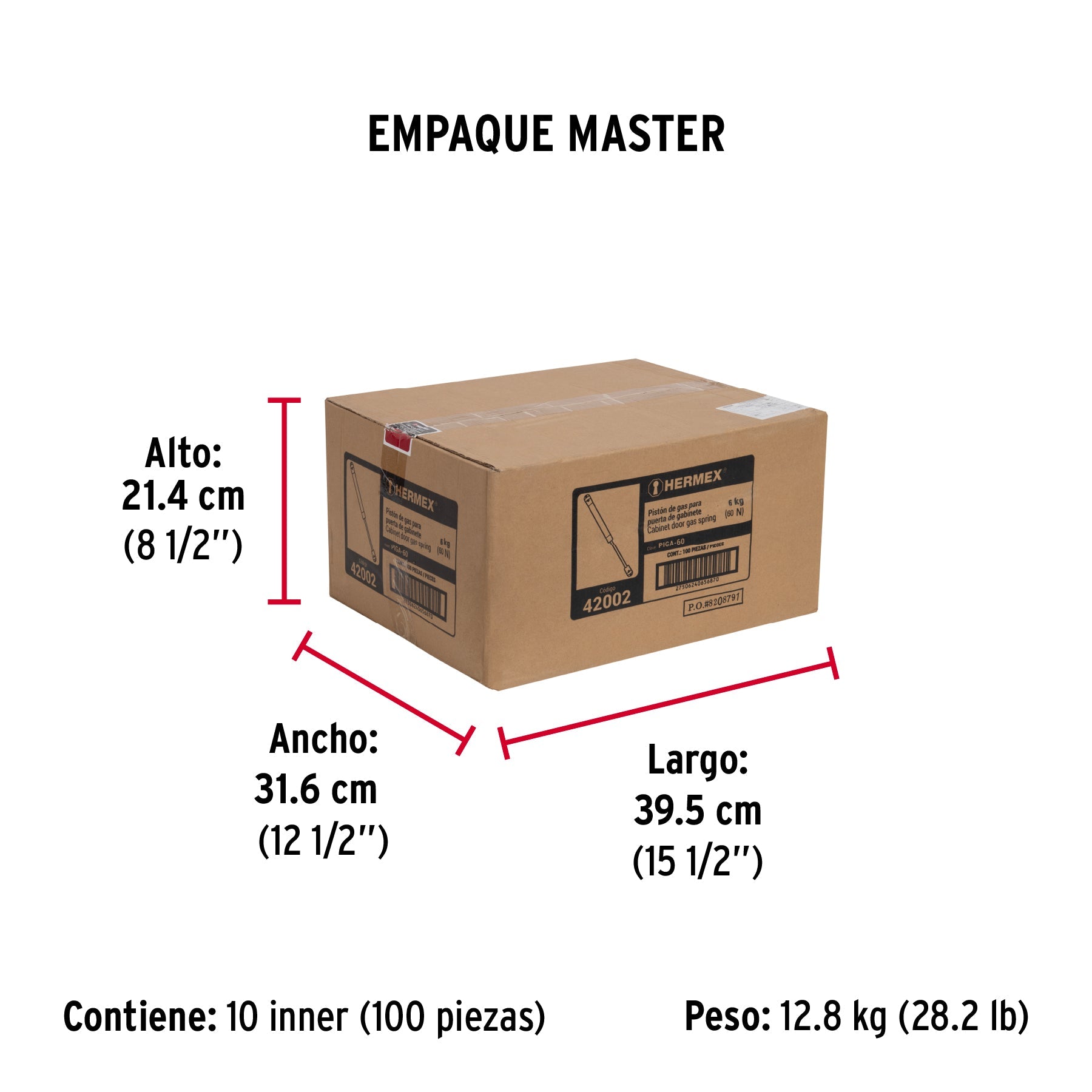 Pistón a gas con capacidad de 60 N / 6 kg, HERMEX - Empaque