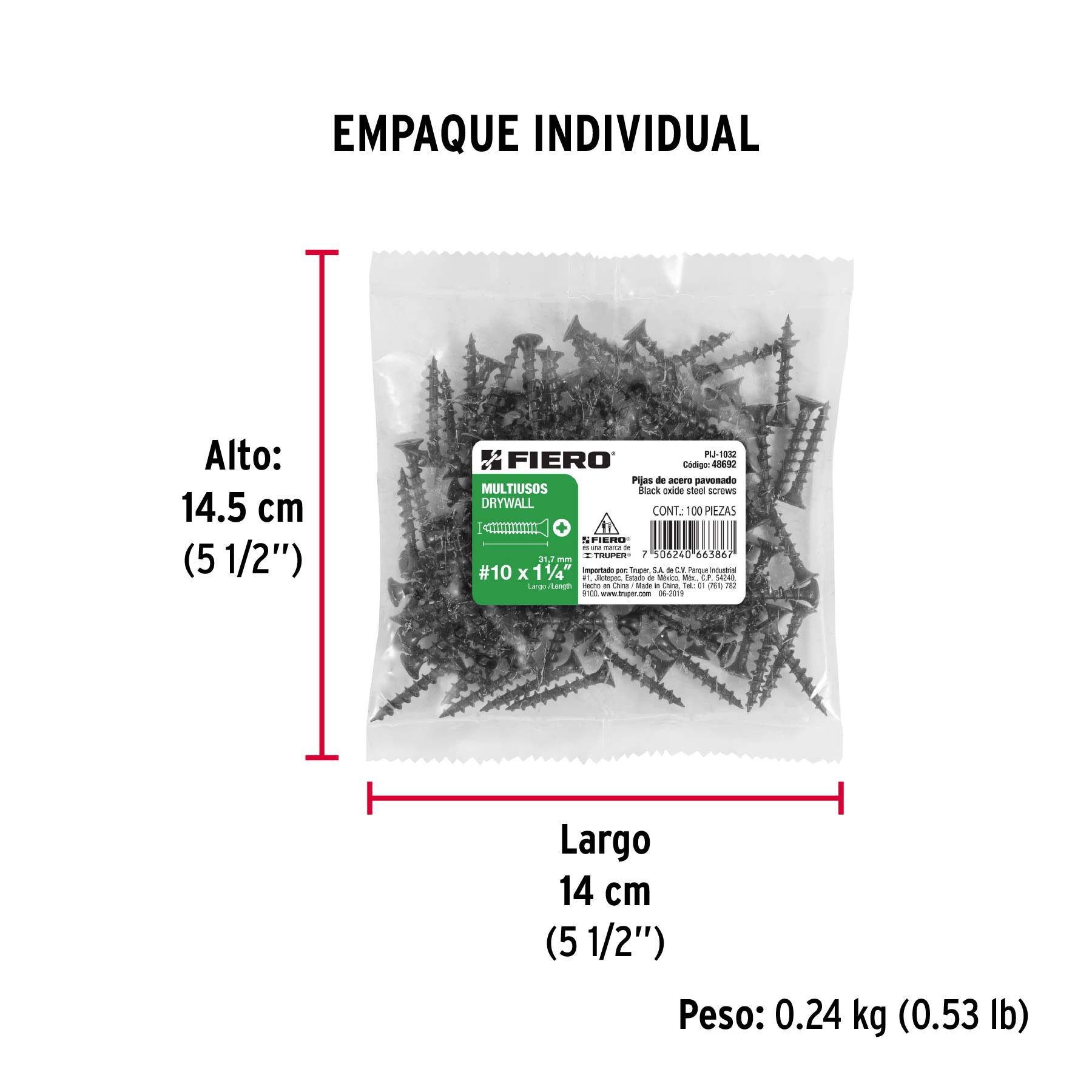 100 pijas 10 x 1-1/4"cabeza plana phillips multiusos - Empaque