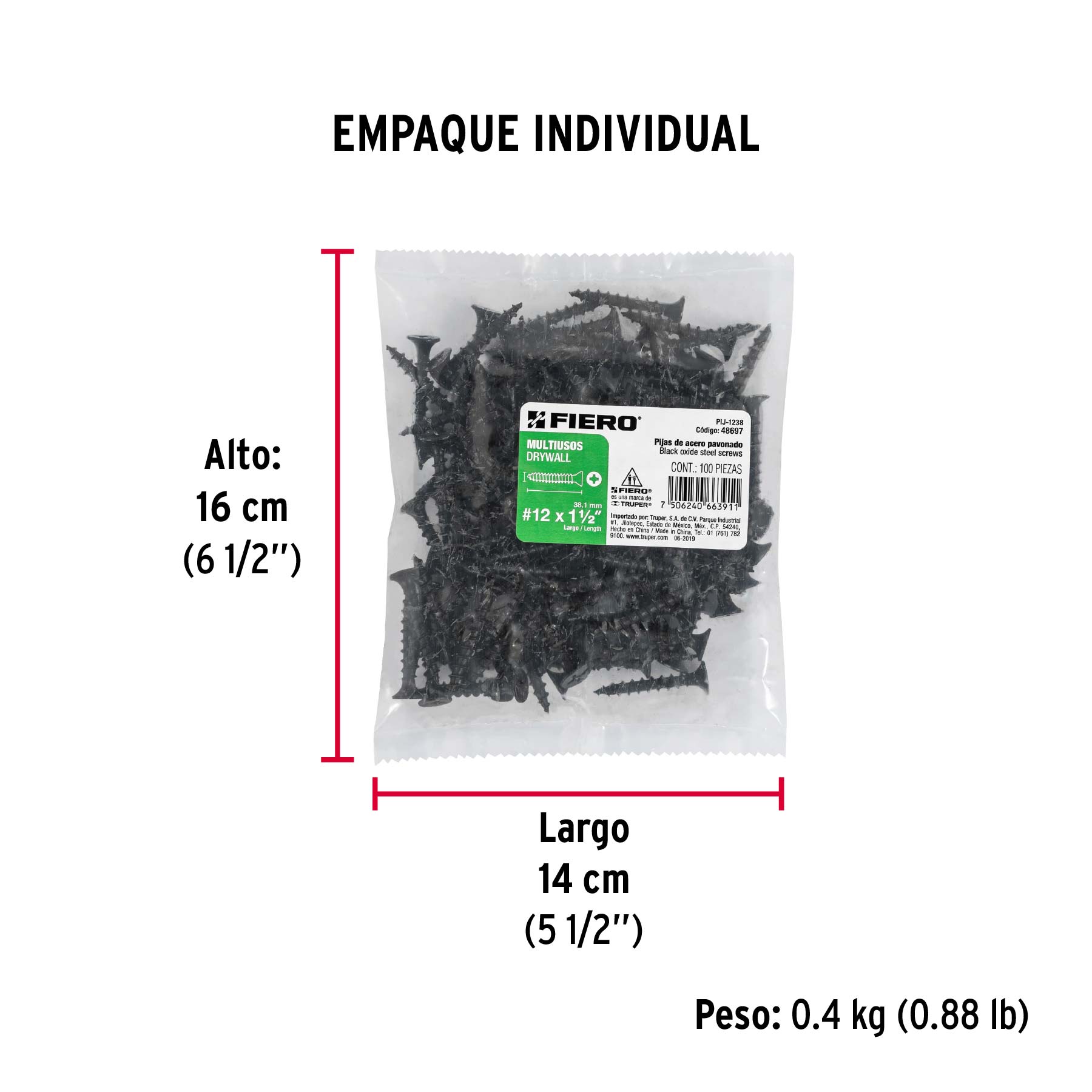 100 pijas 12 x 1-1/2"cabeza plana phillips multiusos - Empaque