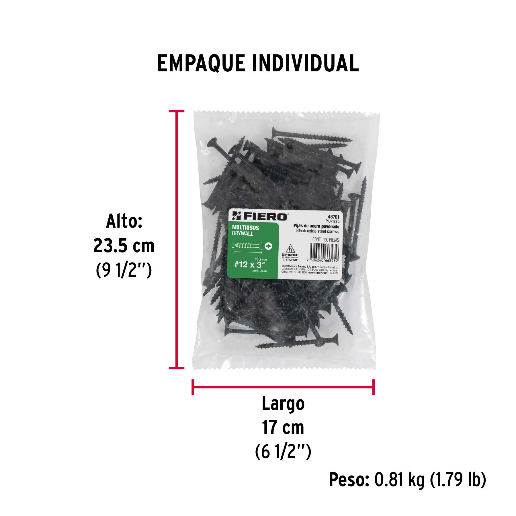 100 pijas 12 x 3"cabeza plana phillips multiusos - Empaque
