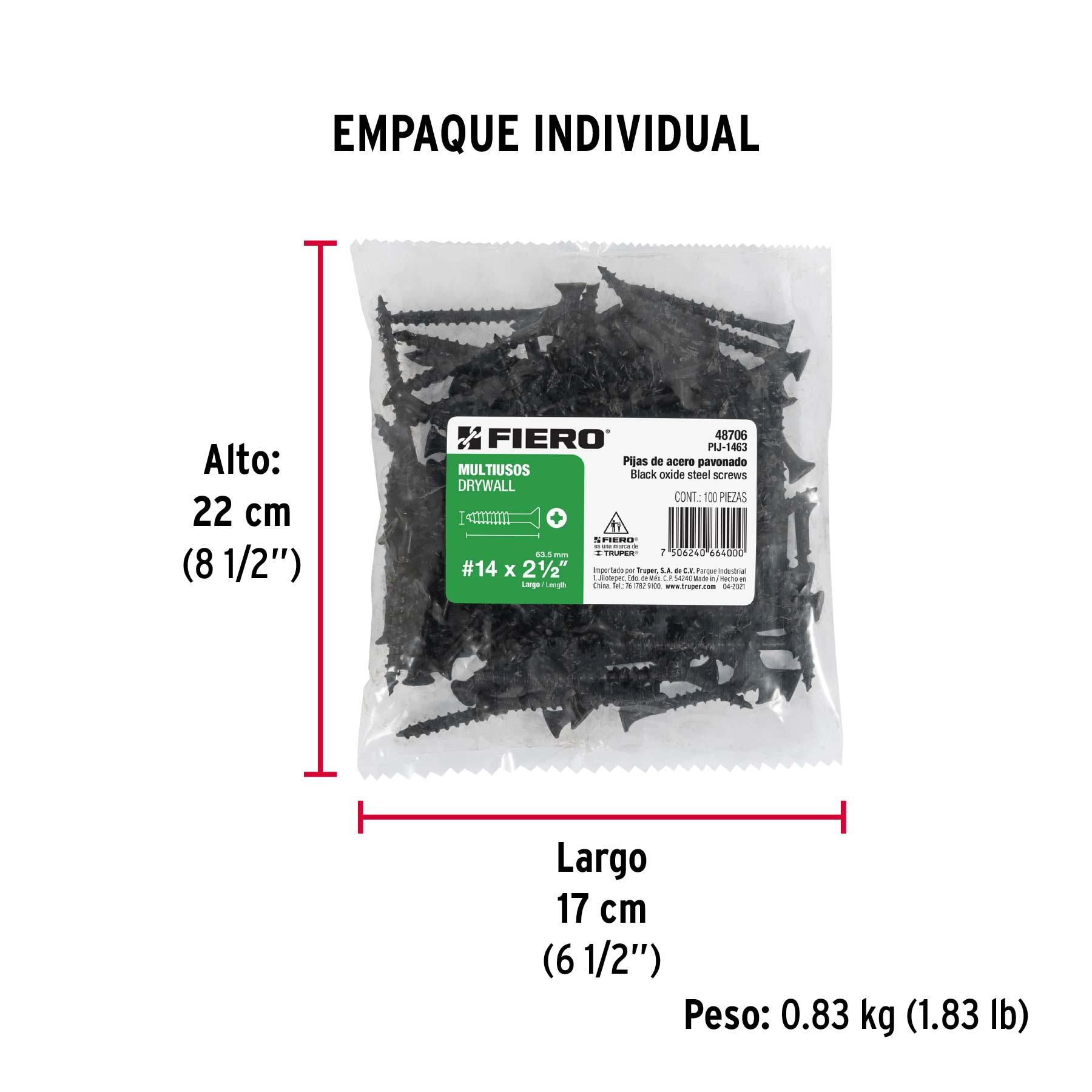 100 pijas 14 x 2-1/2"cabeza plana phillips multiusos - Empaque