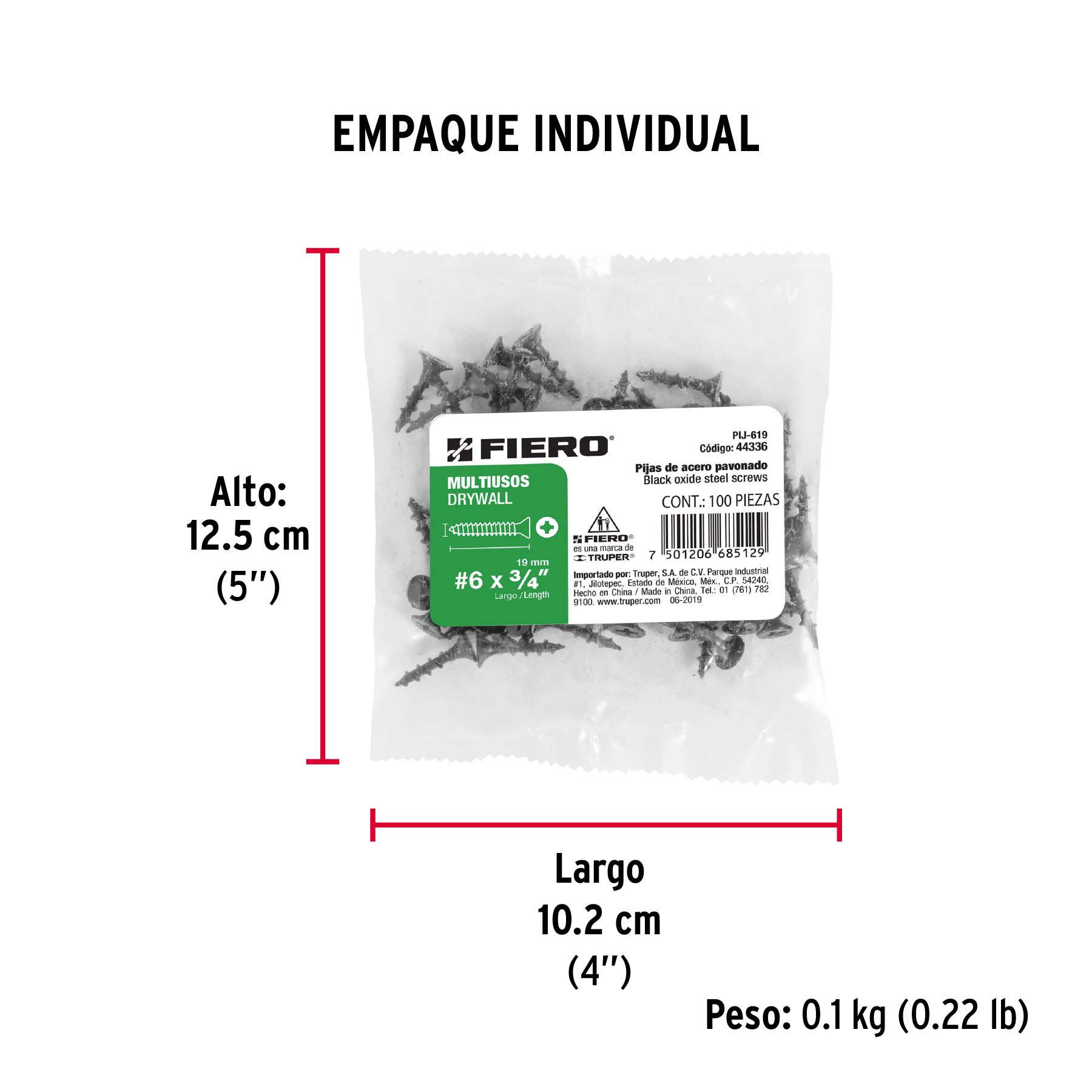 100 pijas 6 x 3/4"cabeza plana phillips multiusos - Empaque