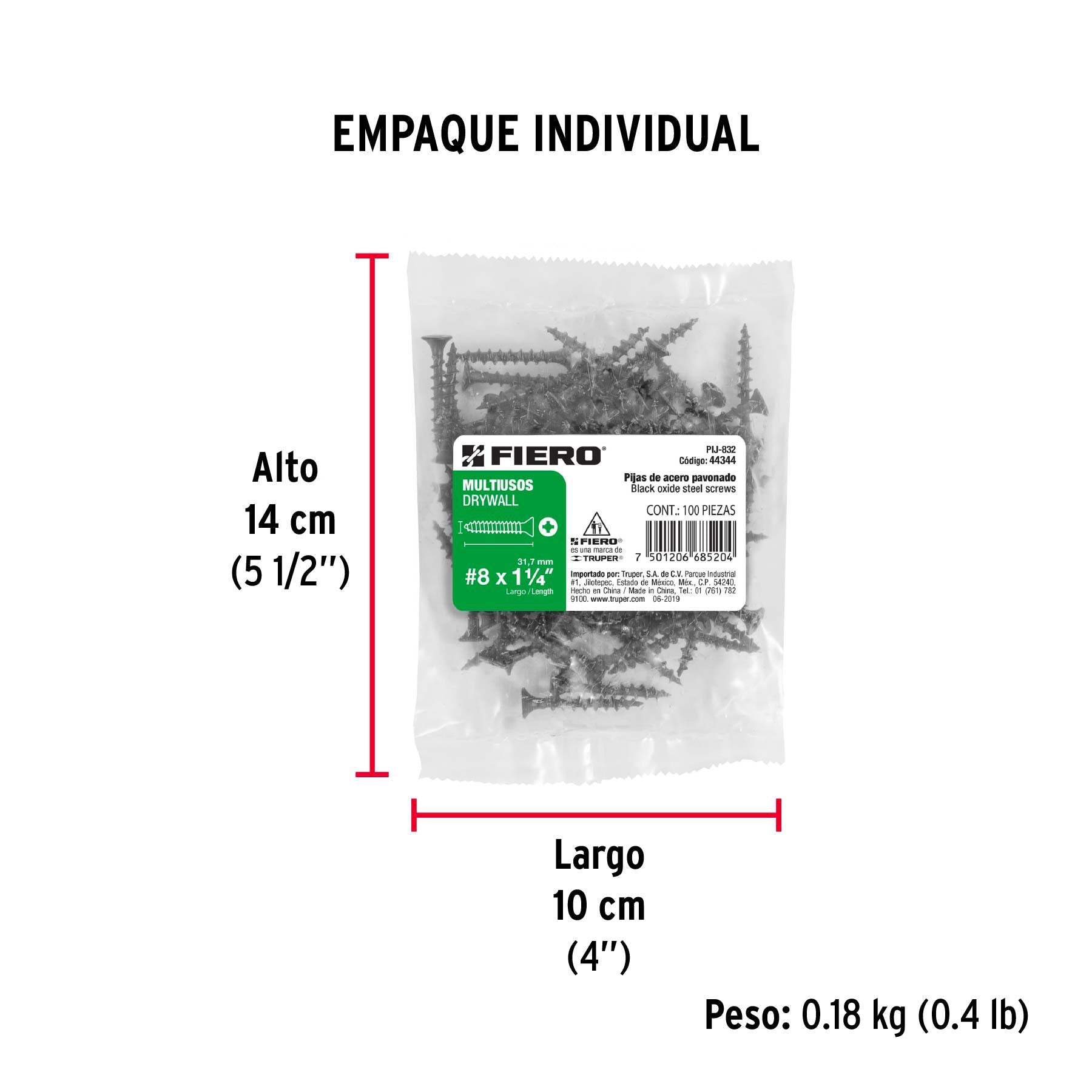 100 pijas 8x 1-1/4"cabeza plana phillips multiusos - Empaque