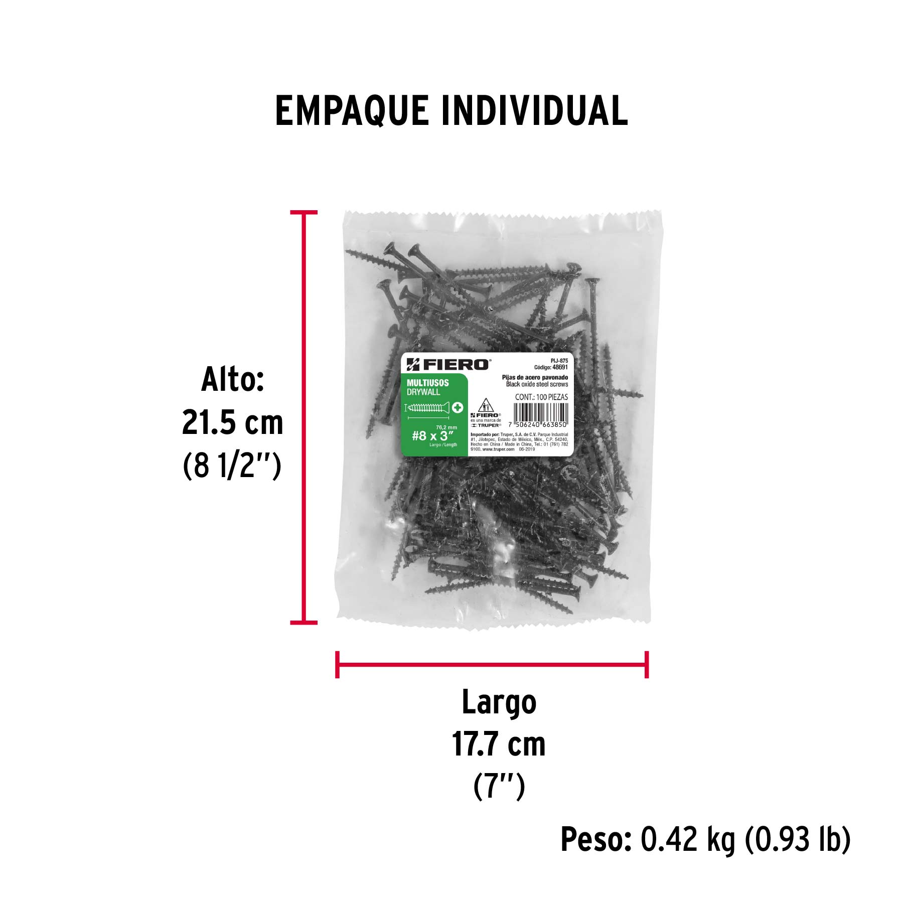 100 pijas 8 x 3" cabeza plana phillips multiusos - Empaque