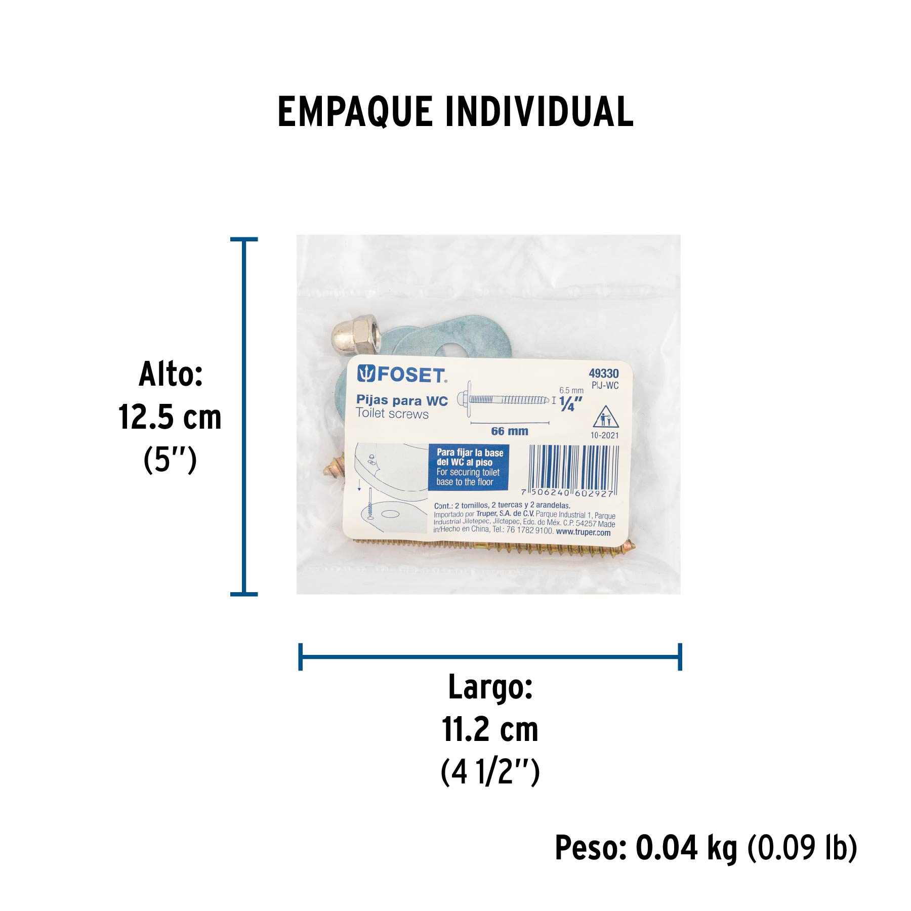Bolsa con 2 pijas 1/4" x 66 mm para base de WC a piso, FOSET - Empaque