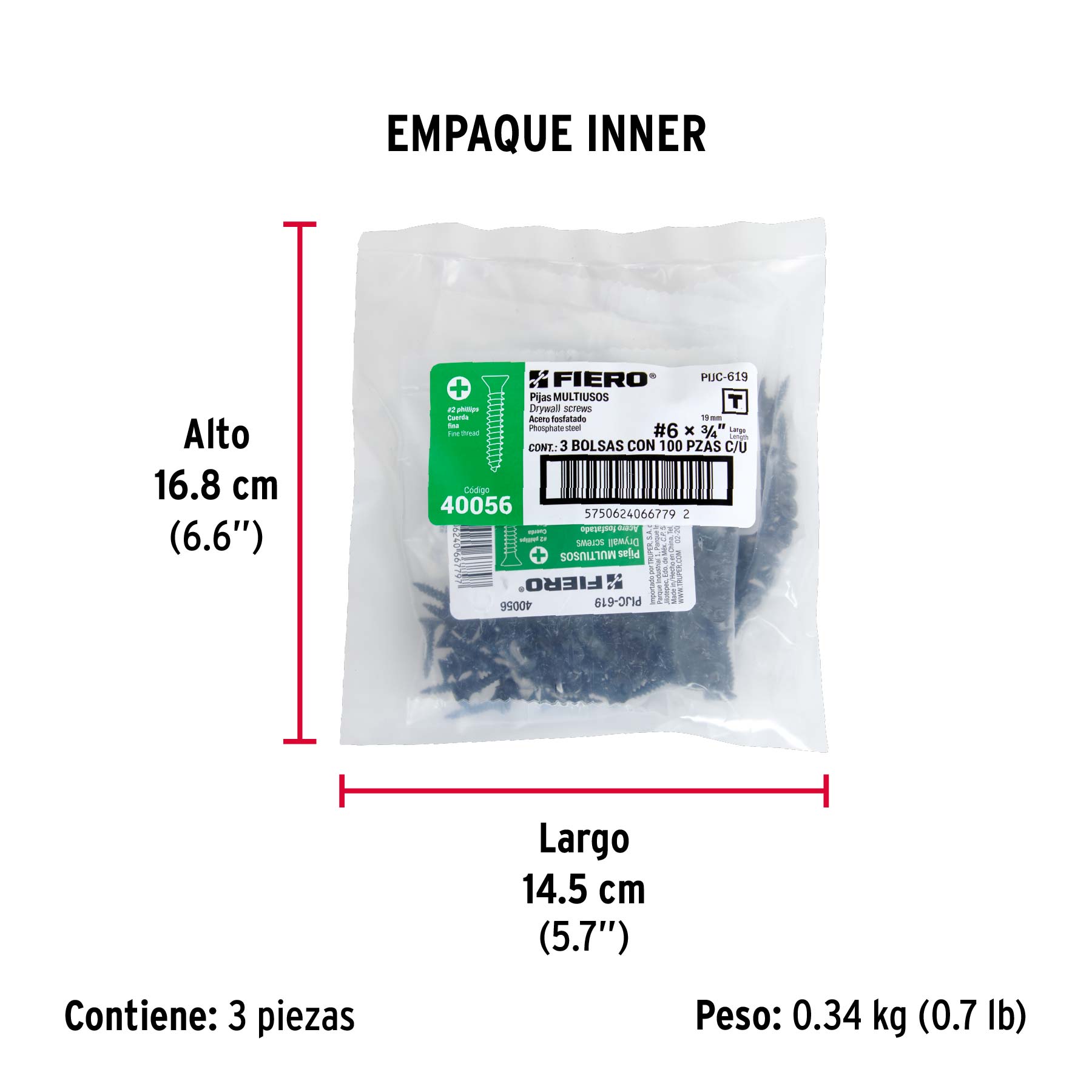 100 pijas 6x3/4"cabeza plana phillips multiusos cuerda fina - Empaque