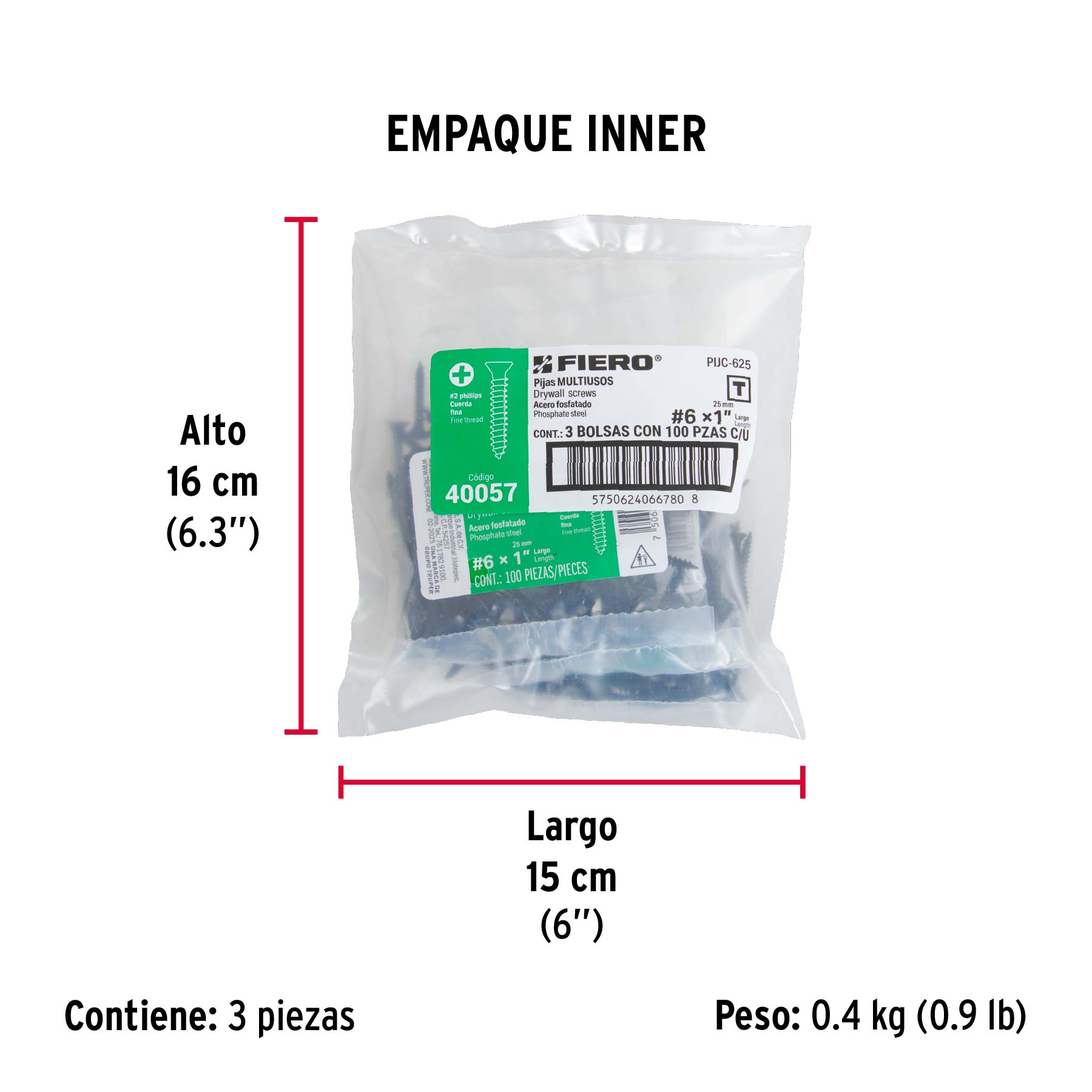 100 pijas 6 x 1"cabeza plana phillips multiusos cuerda fina - Empaque
