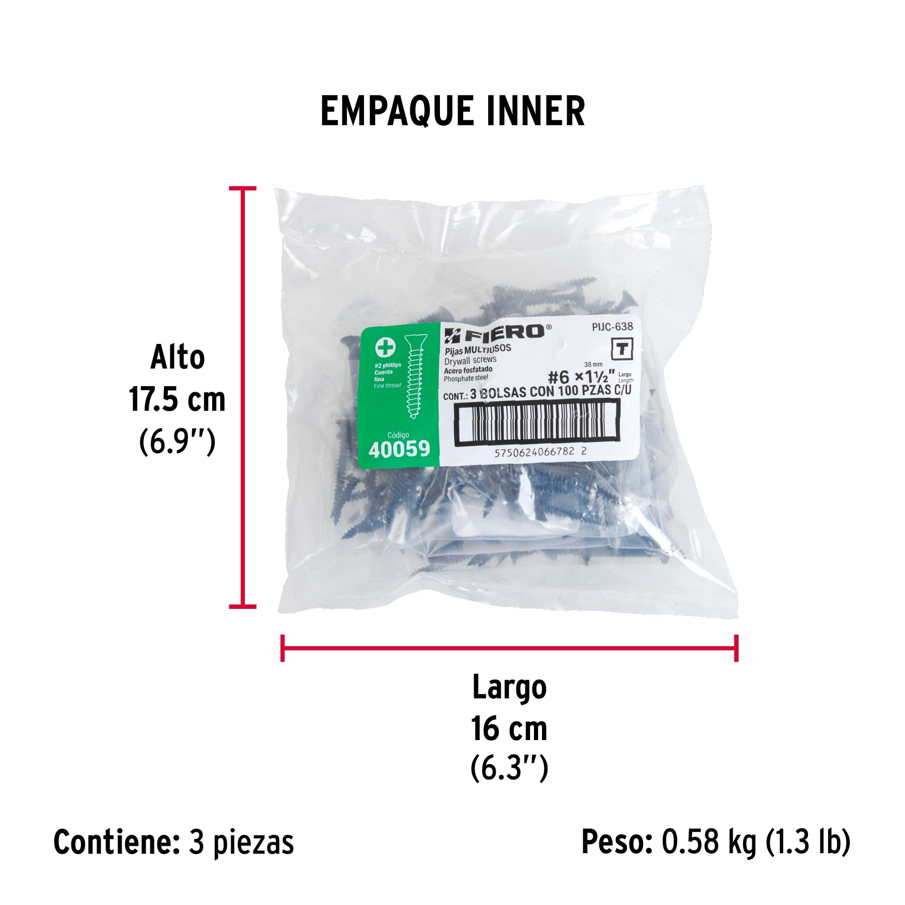 100pijas 6x1-1/2"cabeza plana phillips multiusos cuerda fina - Empaque