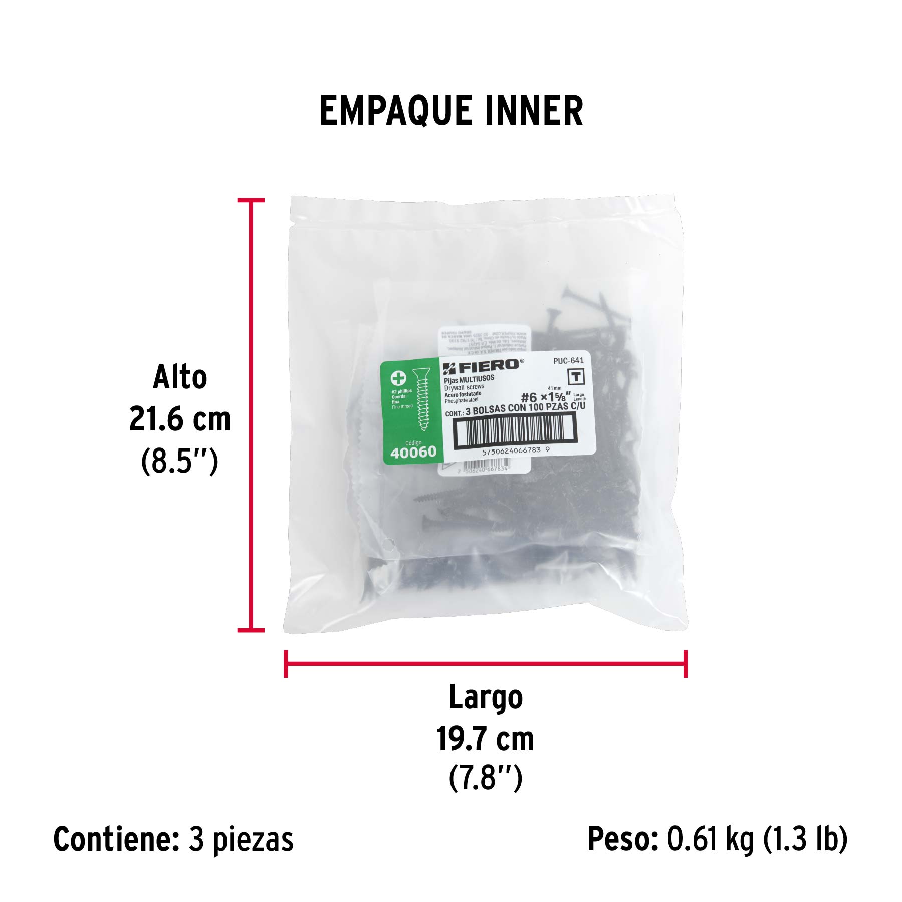100pijas 6x1-5/8"cabeza plana phillips multiusos cuerda fina - Empaque