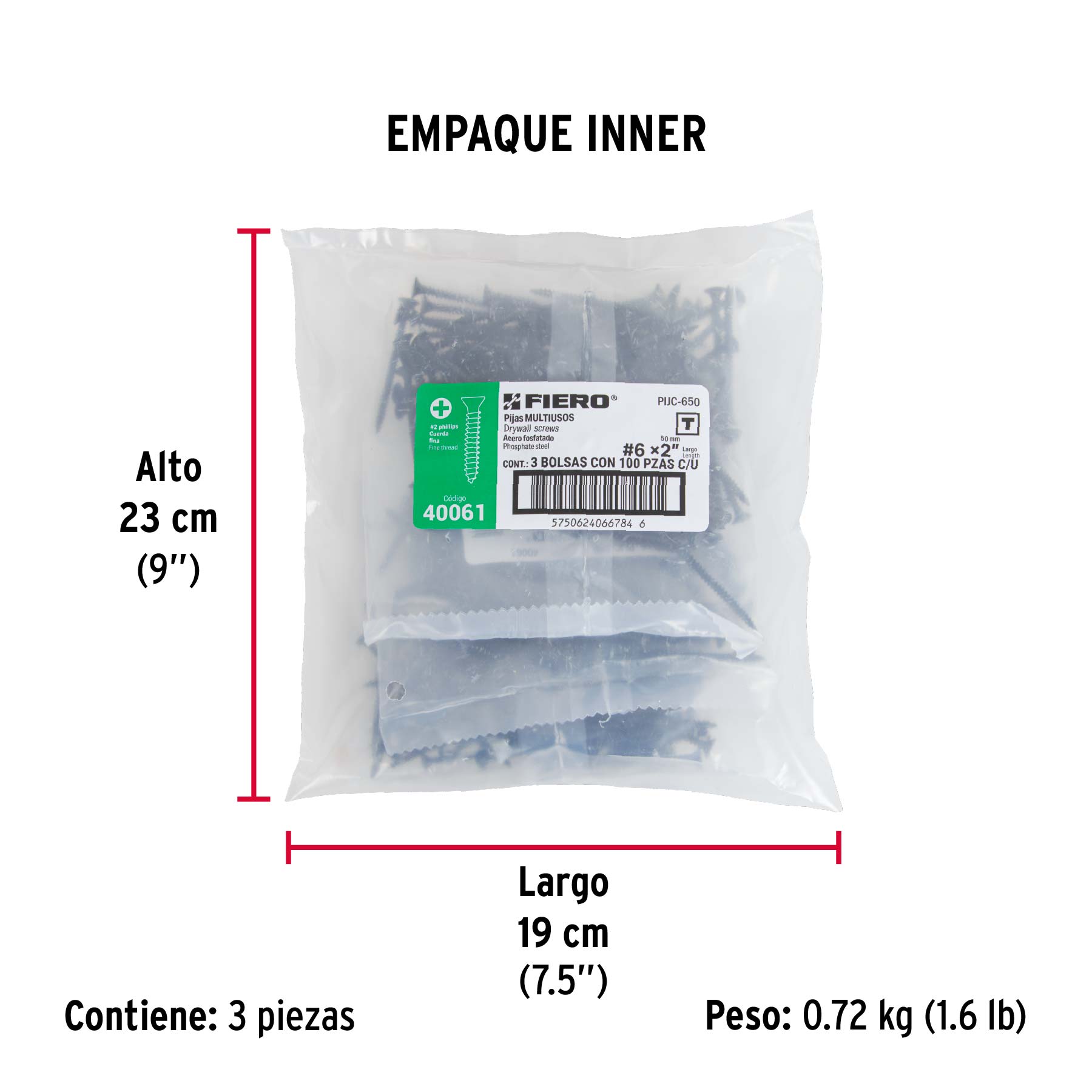 100 pijas 6 x 2"cabeza plana phillips multiusos cuerda fina - Empaque