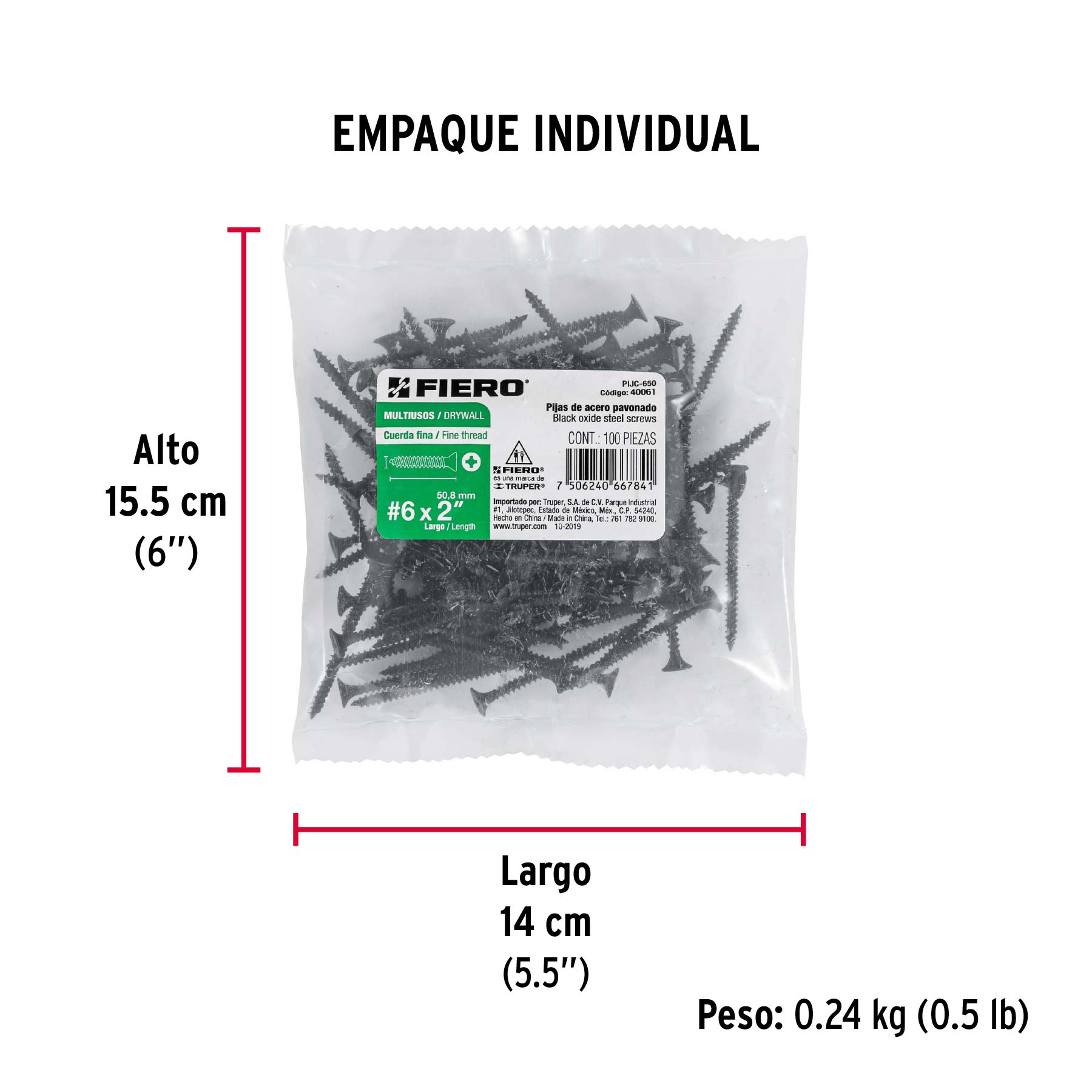 100 pijas 6 x 2"cabeza plana phillips multiusos cuerda fina - Empaque