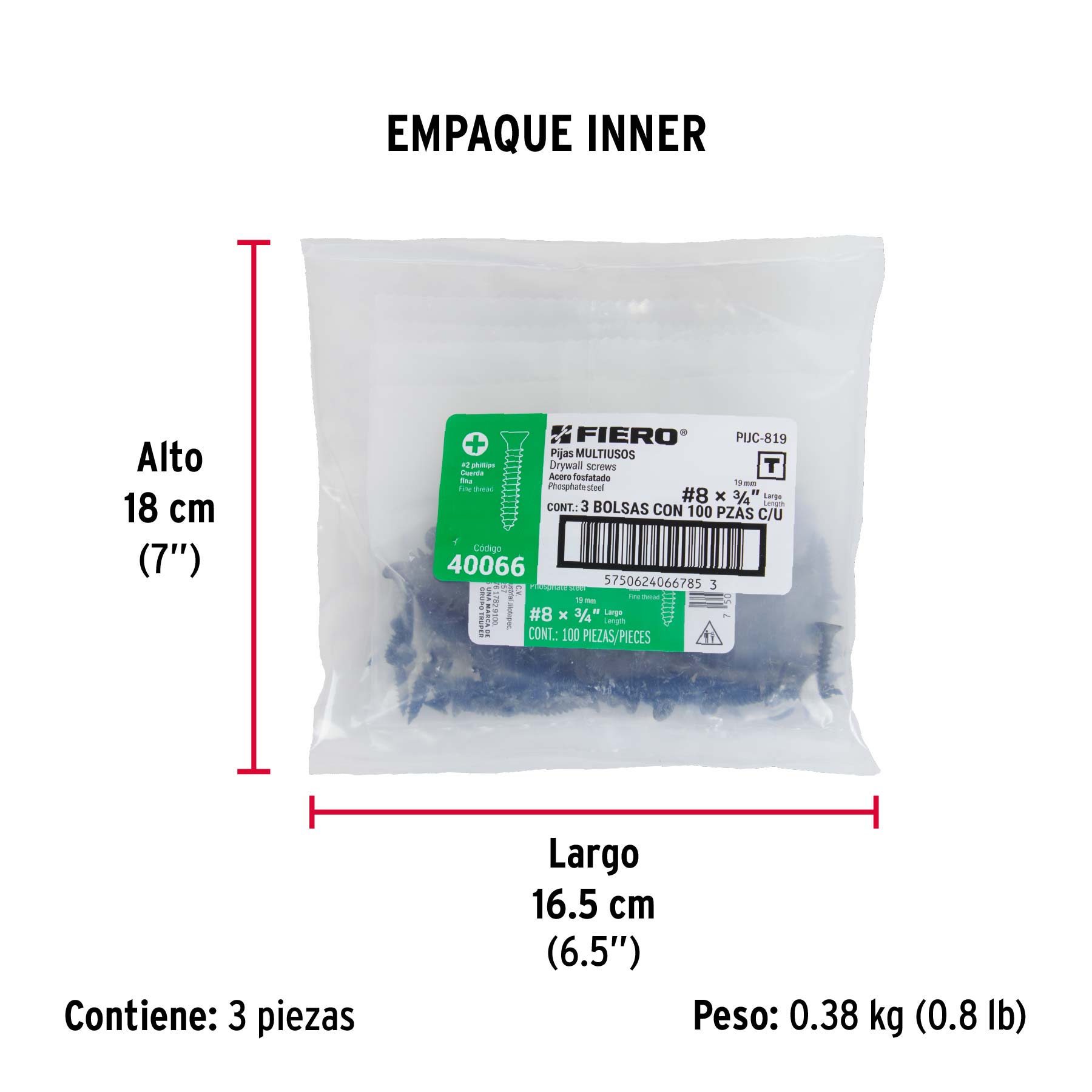 100 pijas 8x3/4"cabeza plana phillips multiusos cuerda fina - Empaque