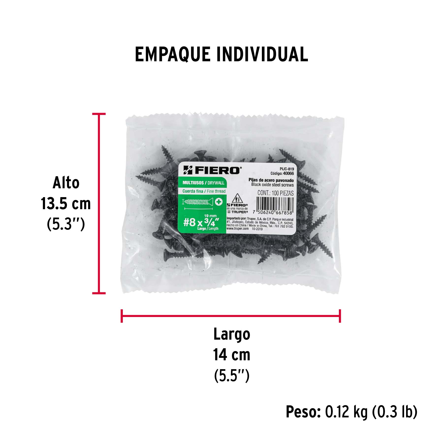 100 pijas 8x3/4"cabeza plana phillips multiusos cuerda fina - Empaque