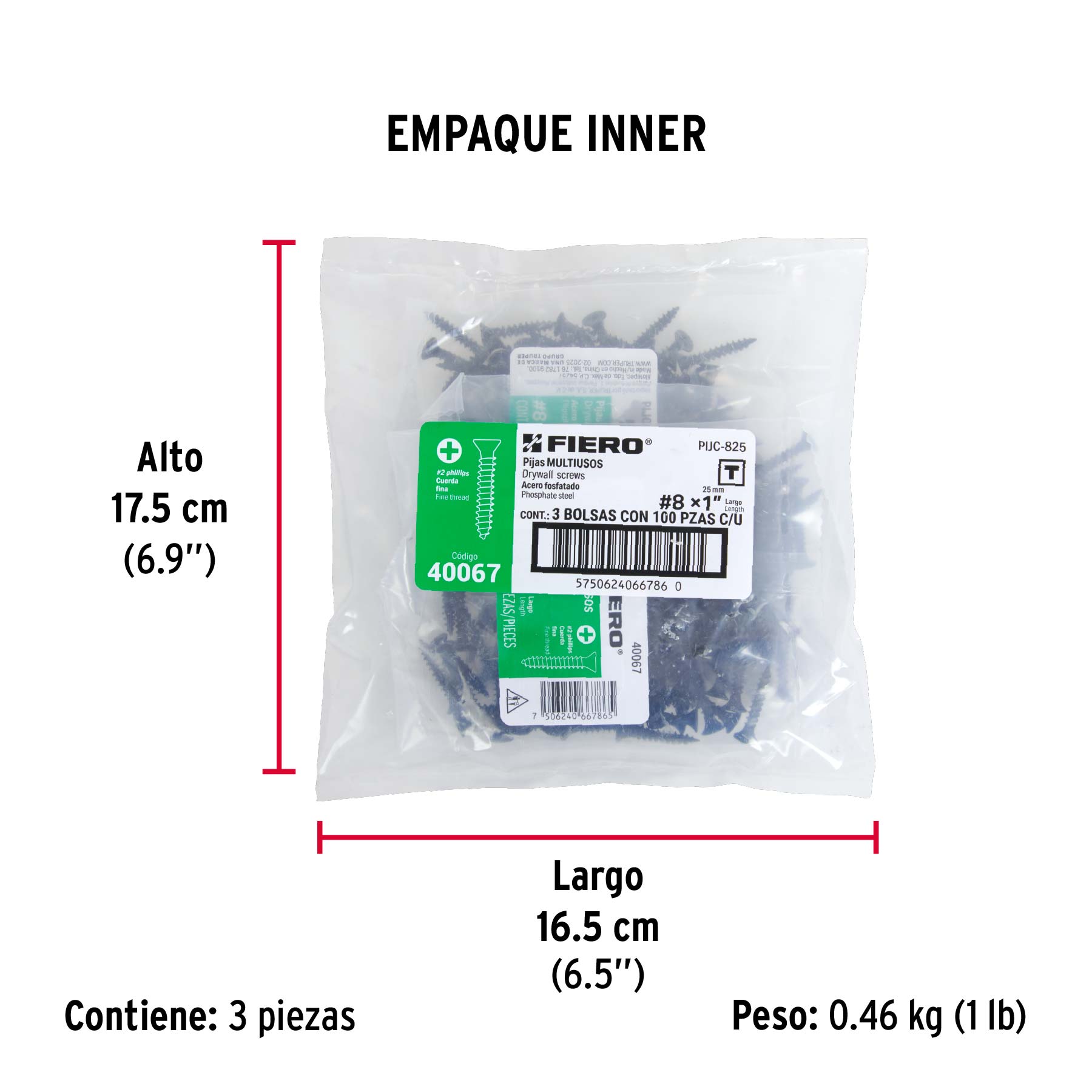 100 pijas 8 x 1"cabeza plana phillips multiusos cuerda fina - Empaque