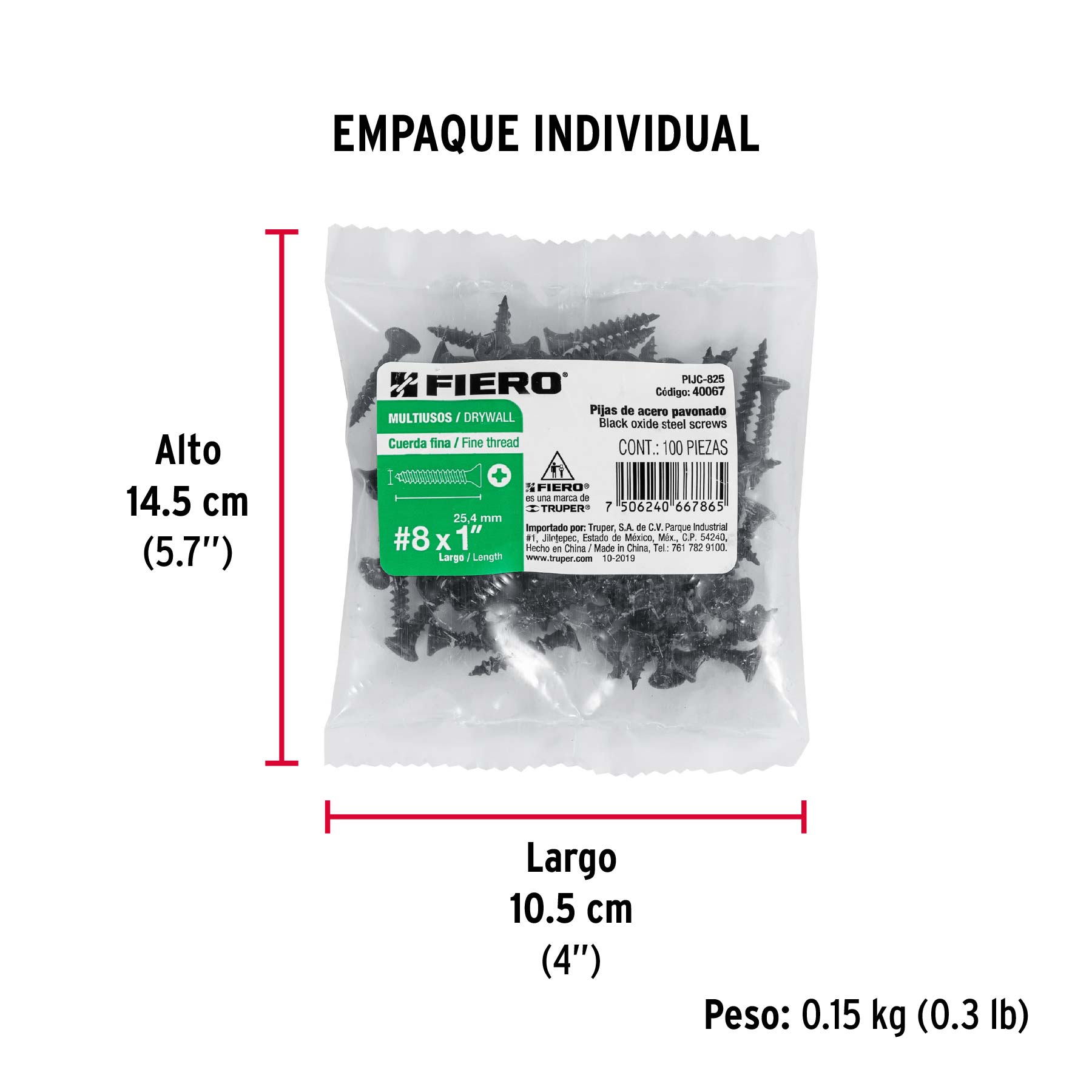100 pijas 8 x 1"cabeza plana phillips multiusos cuerda fina - Empaque
