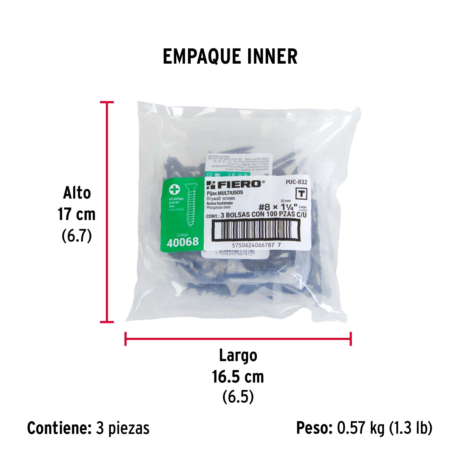 100pijas 8x1-1/4"cabeza plana phillips multiusos cuerda fina - Empaque
