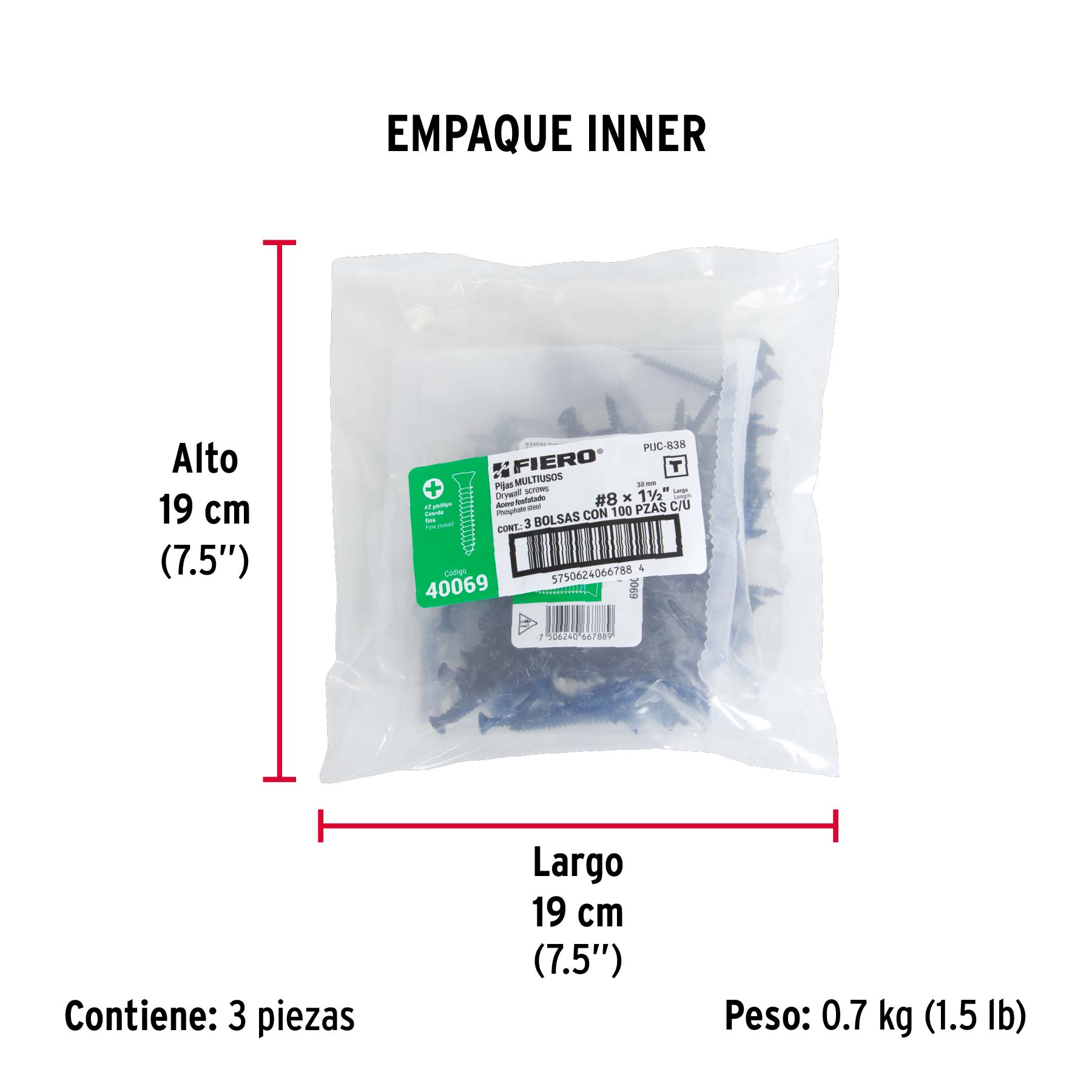100pijas 8x1-1/2"cabeza plana phillips multiusos cuerda fina - Empaque