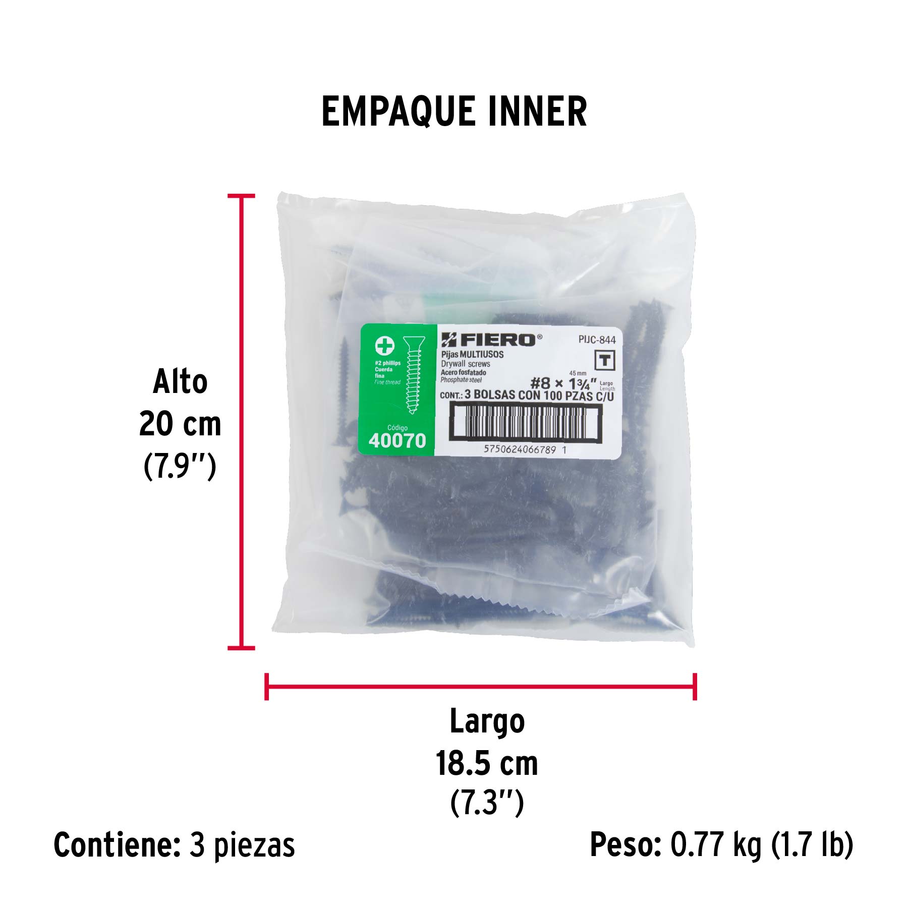 100pijas 8x1-3/4"cabeza plana phillips multiusos cuerda fina - Empaque
