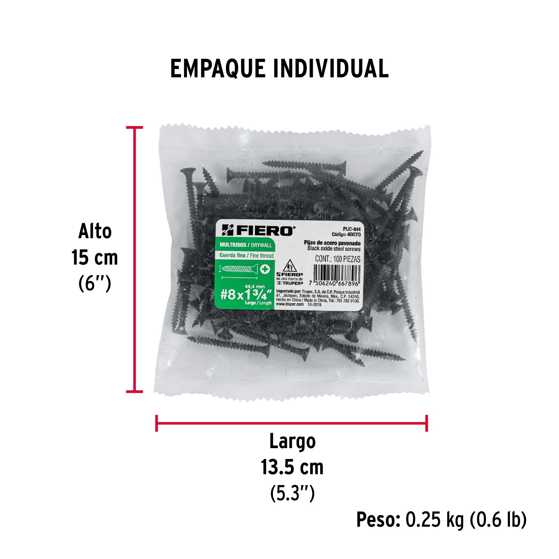 100pijas 8x1-3/4"cabeza plana phillips multiusos cuerda fina - Empaque