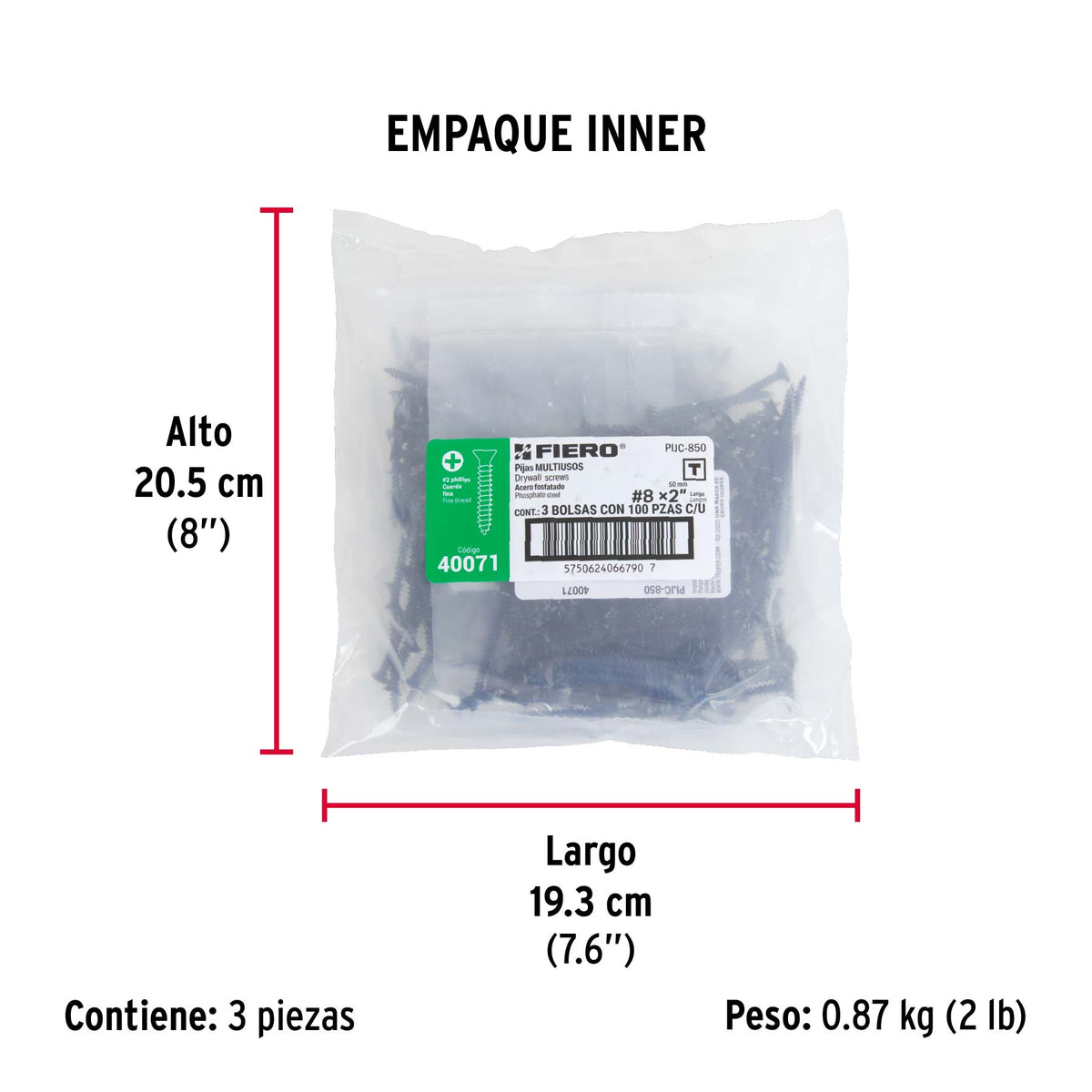 100 pijas 8 x 2"cabeza plana phillips multiusos cuerda fina - Empaque