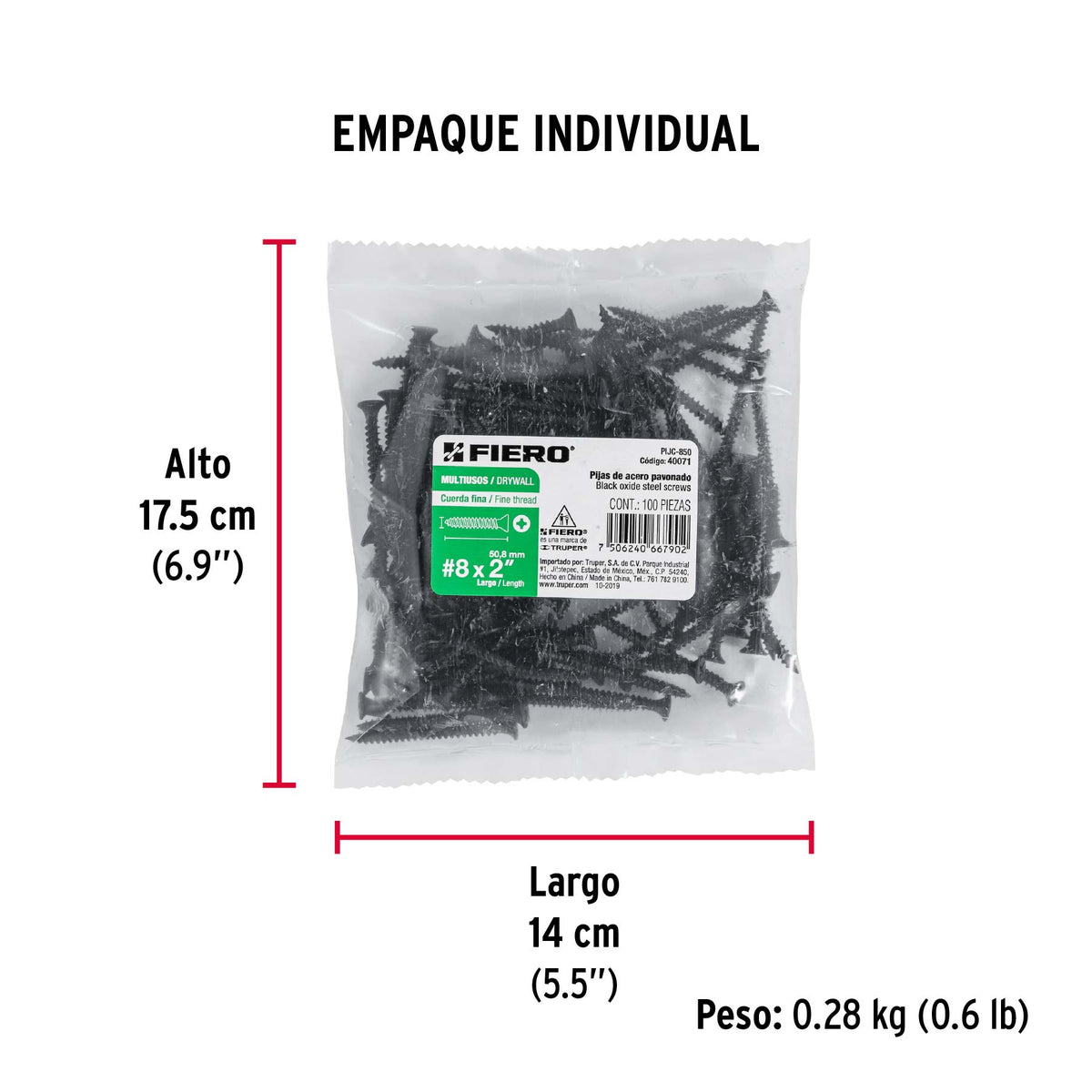 100 pijas 8 x 2"cabeza plana phillips multiusos cuerda fina - Empaque