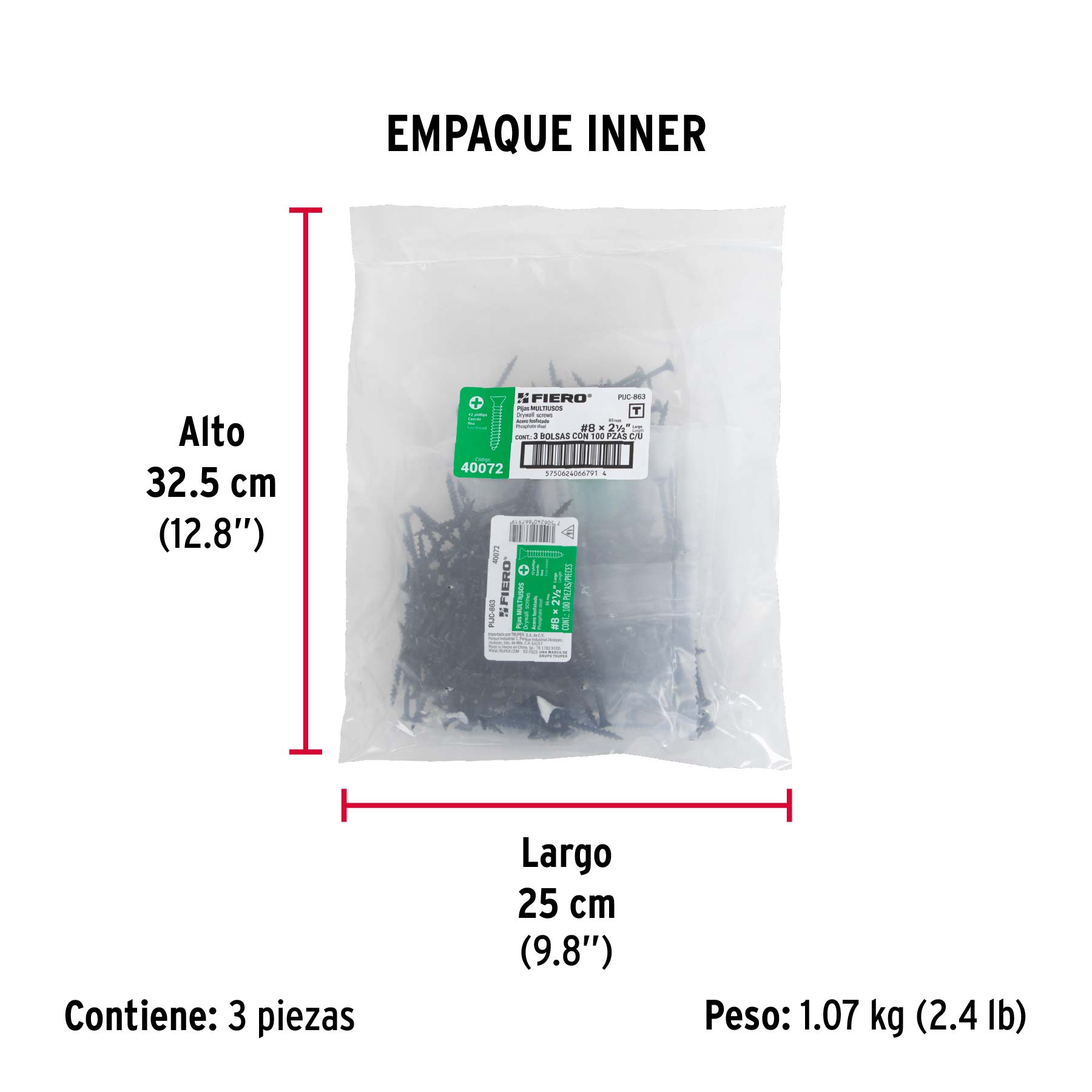 100pijas 8x2-1/2"cabeza plana phillips multiusos cuerda fina - Empaque