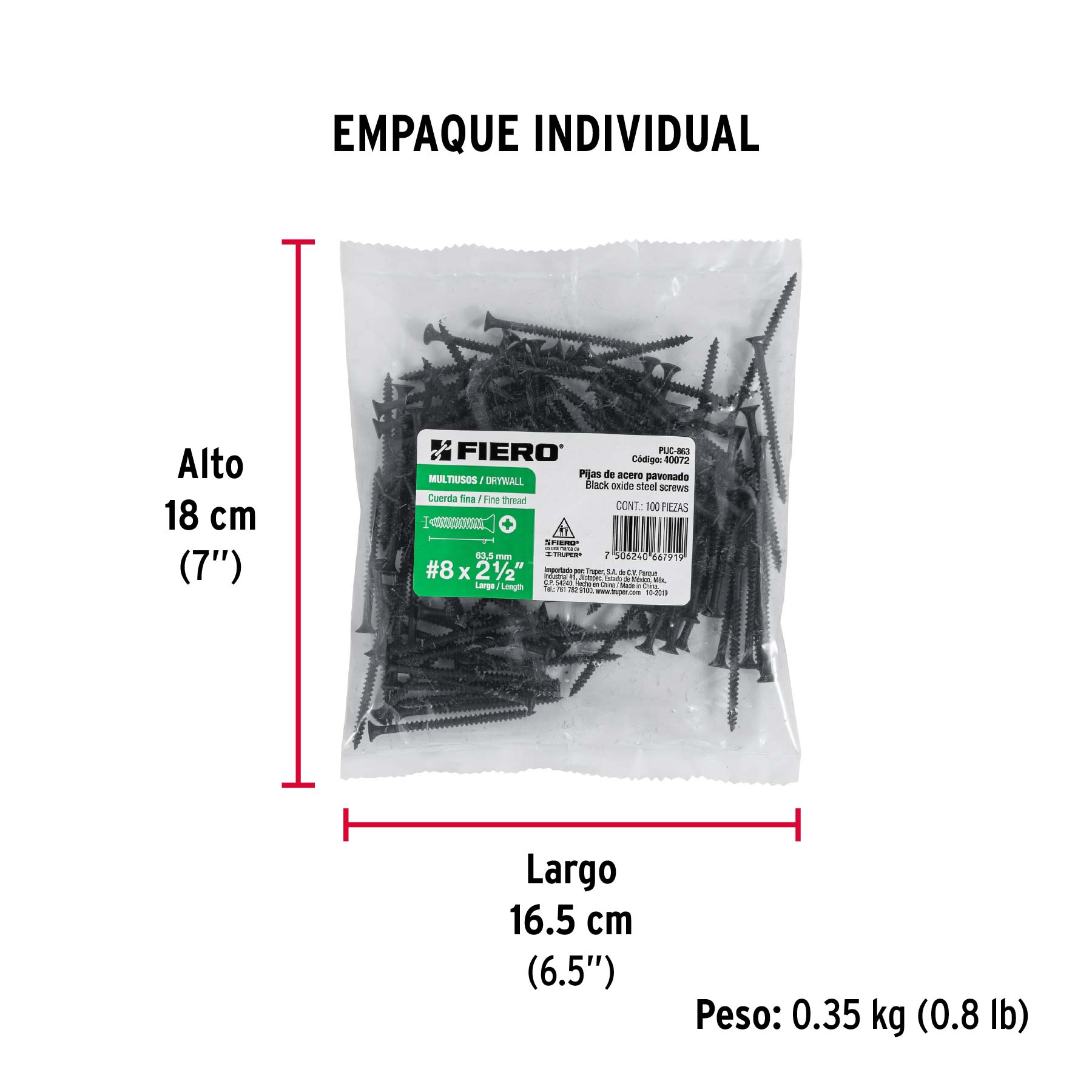 100pijas 8x2-1/2"cabeza plana phillips multiusos cuerda fina - Empaque